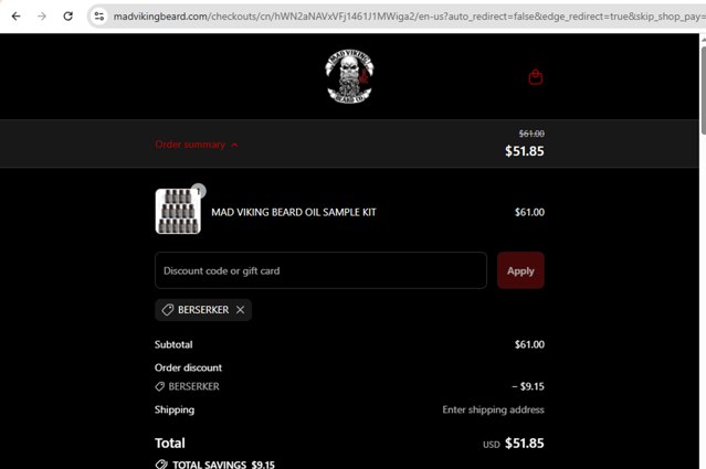 Mad Viking Beard checkout page showing Mad Viking Beard promo code box | Screenshot taken by SimplyCodes community member on Sep 4, 2025