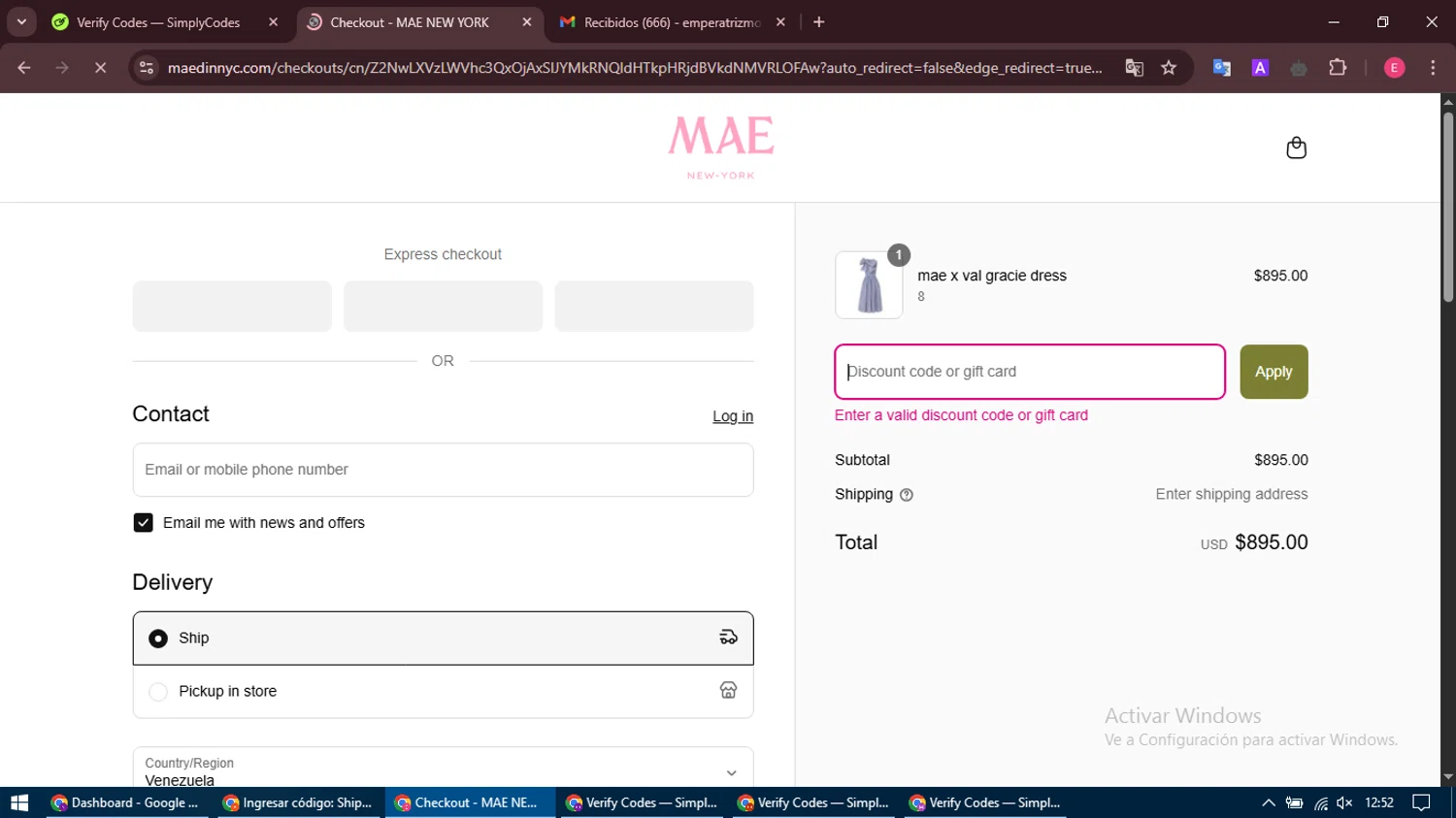 MAE'D IN NYC promo code screenshot showing code mae10 applied at MAE'D IN NYC checkout page. Uploaded by SimplyCodes community member MightyNavigator742 on Apr 15, 2025