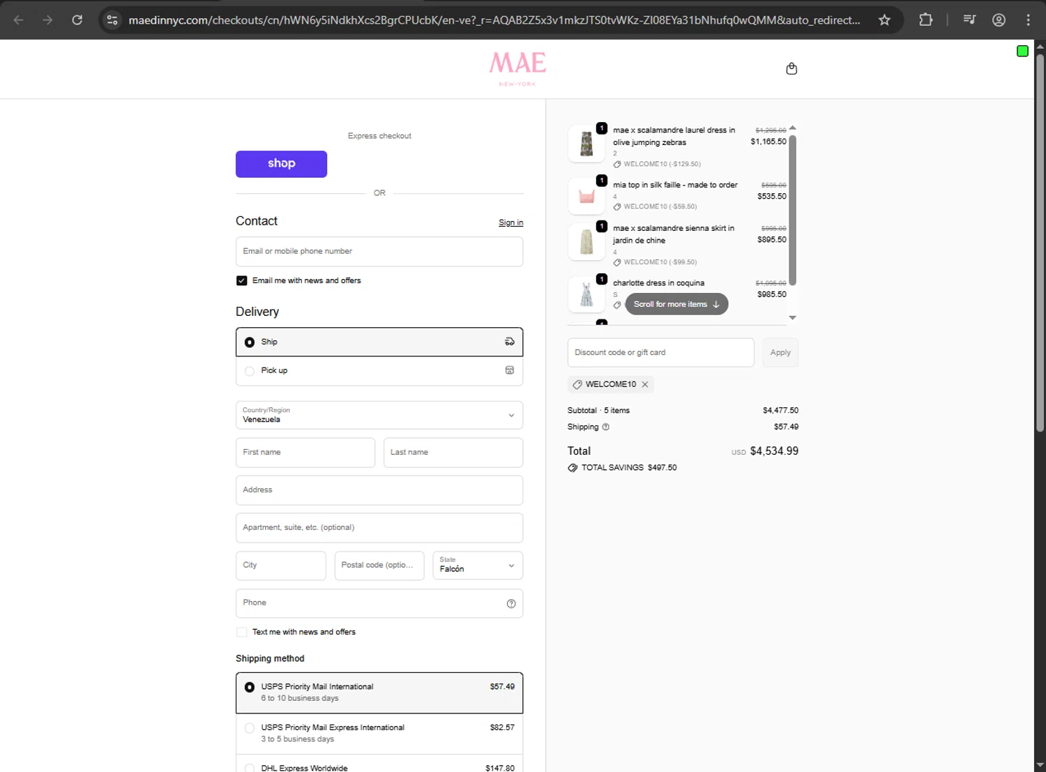 MAE'D IN NYC promo code screenshot showing code WELCOME10 applied at MAE'D IN NYC checkout page. Uploaded by SimplyCodes community member MRDEAL on Dec 28, 2025