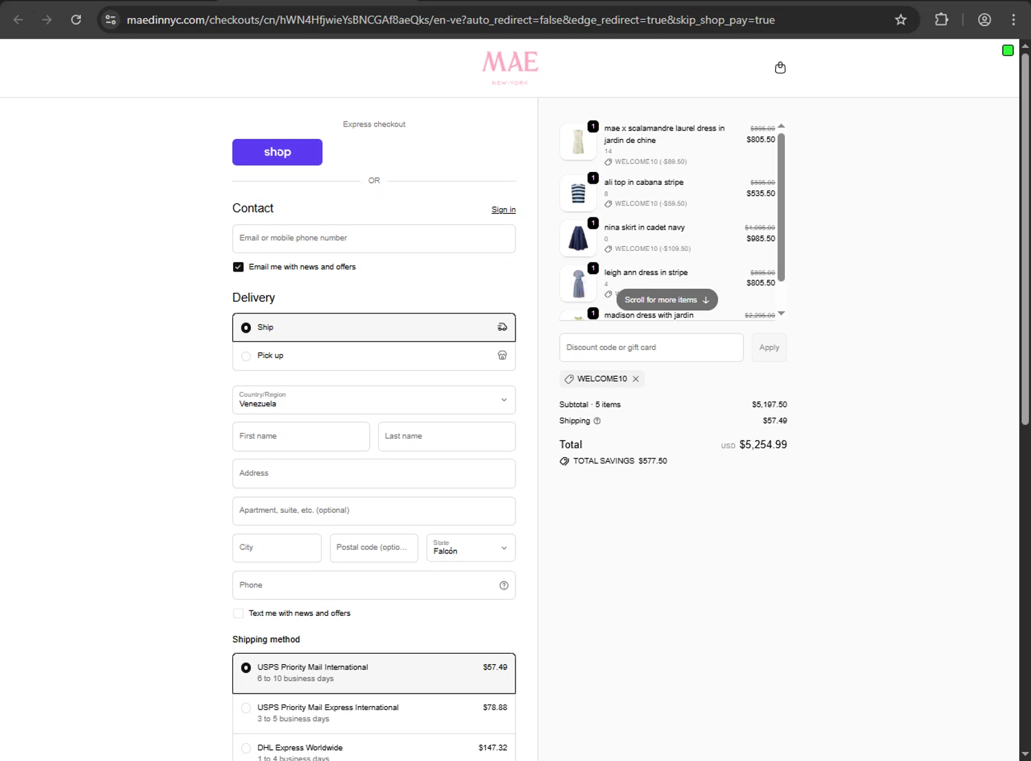MAE'D IN NYC promo code screenshot showing code WELCOME10 applied at MAE'D IN NYC checkout page. Uploaded by SimplyCodes community member Niideamrk on Oct 19, 2025