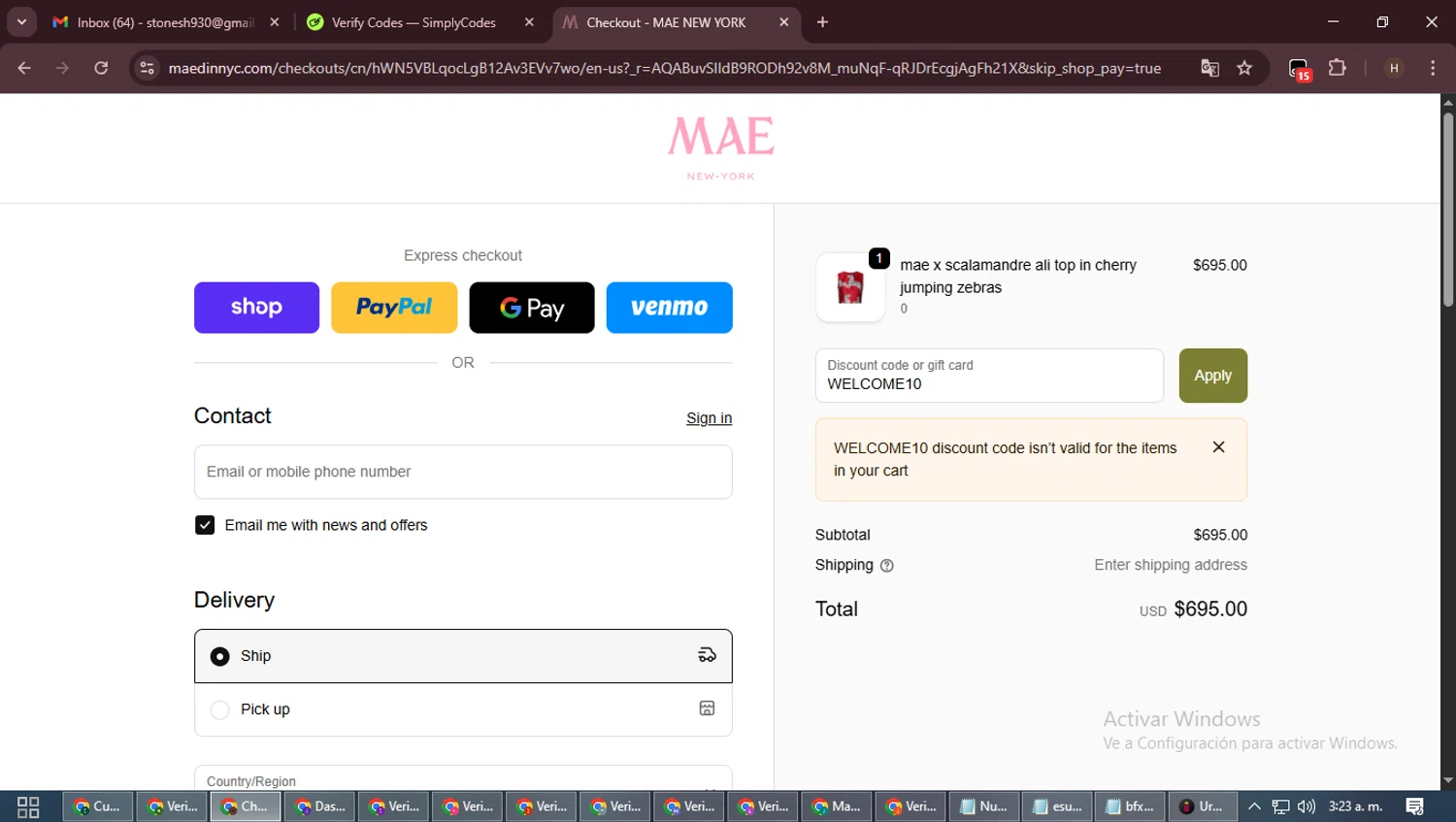 MAE'D IN NYC promo code screenshot showing code WELCOME10 applied at MAE'D IN NYC checkout page. Uploaded by SimplyCodes community member VictoriousPioneer8823 on Nov 20, 2025