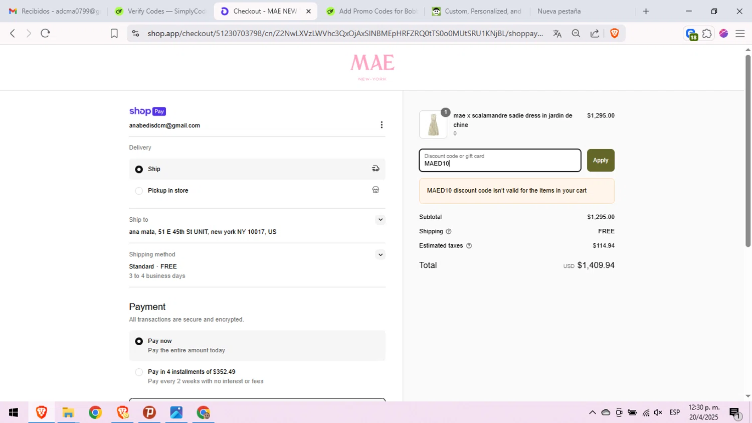 MAE'D IN NYC promo code screenshot showing code MAED10 applied at MAE'D IN NYC checkout page. Uploaded by SimplyCodes community member peachee on Apr 20, 2025