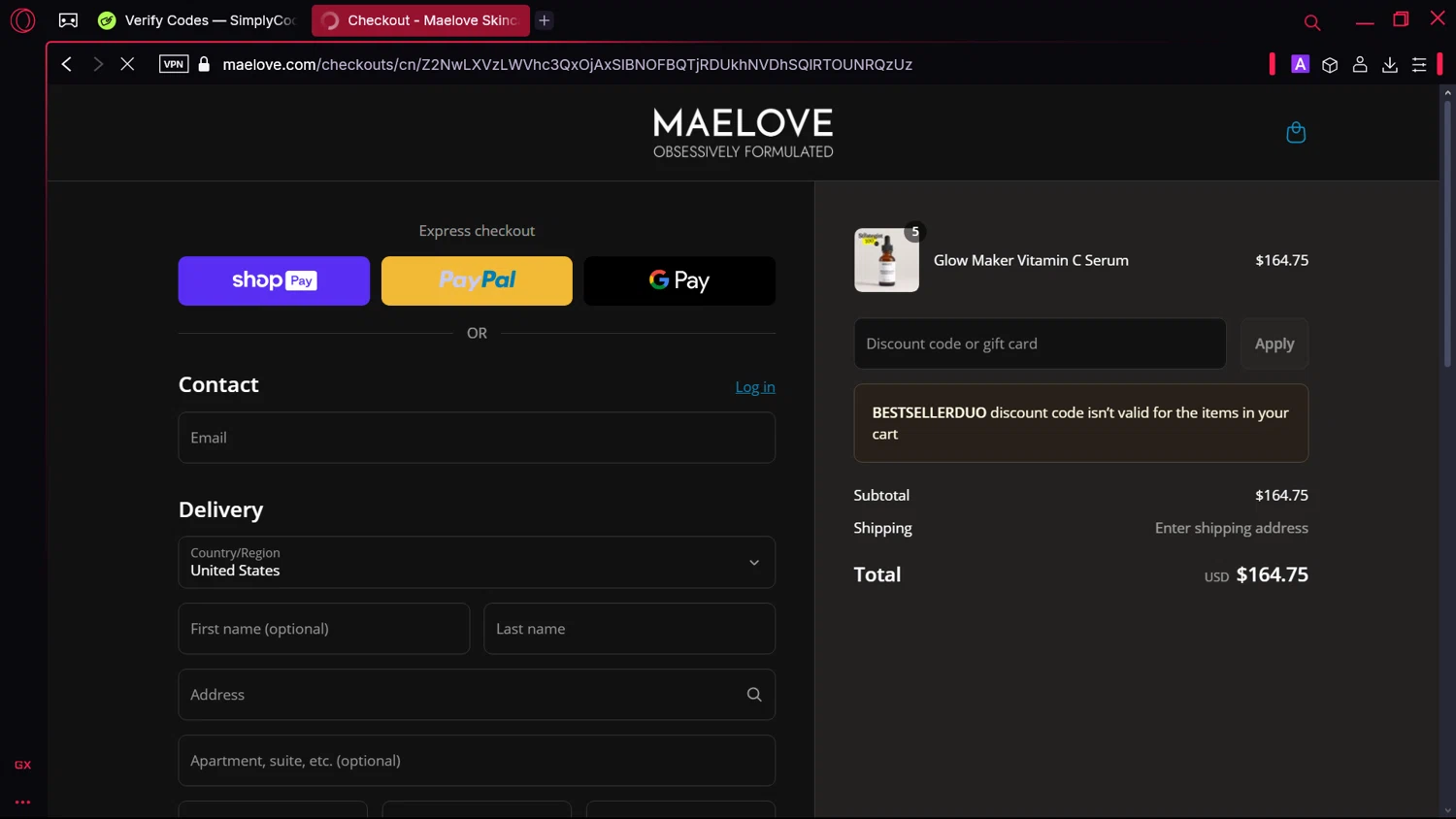 Maelove Skincare promo code screenshot showing code BESTSELLERDUO applied at Maelove Skincare checkout page. Uploaded by SimplyCodes community member Elsuanfonson on Mar 18, 2025