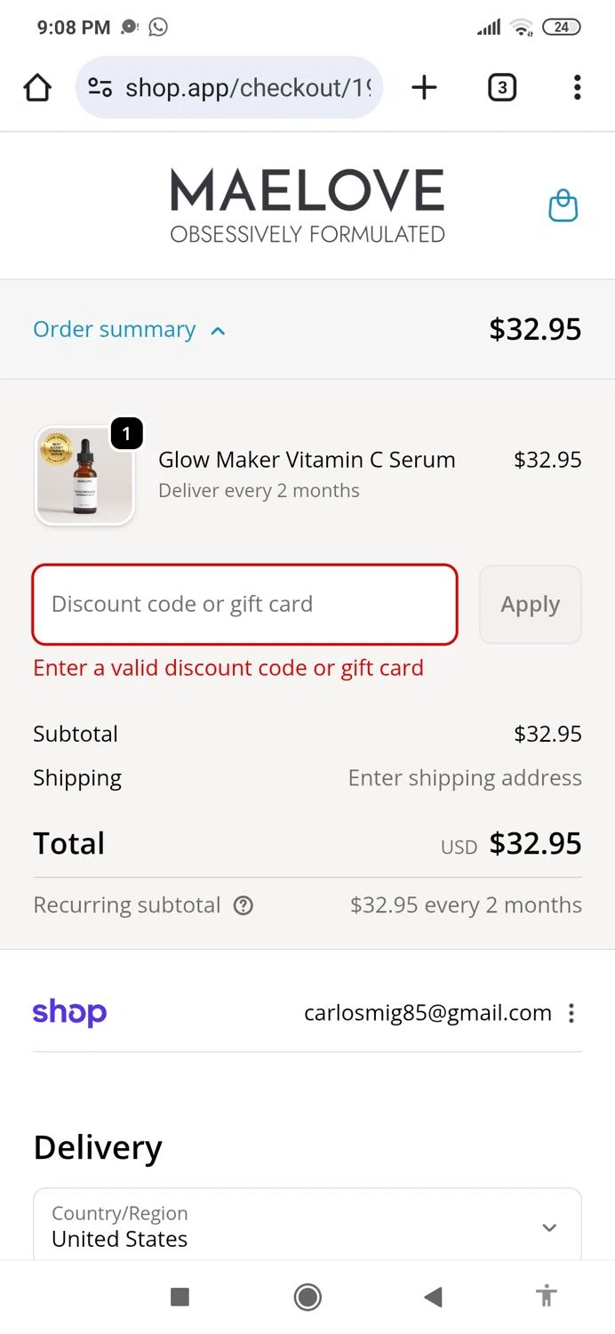 Maelove Skincare promo code screenshot showing code TENWELCOME applied at Maelove Skincare checkout page. Uploaded by SimplyCodes community member MightyBoss9975 on Nov 25, 2025