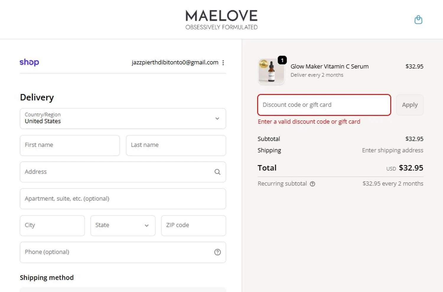 Maelove Skincare promo code screenshot showing code TENWELCOME applied at Maelove Skincare checkout page. Uploaded by SimplyCodes community member RebatePilot8693 on Nov 25, 2025