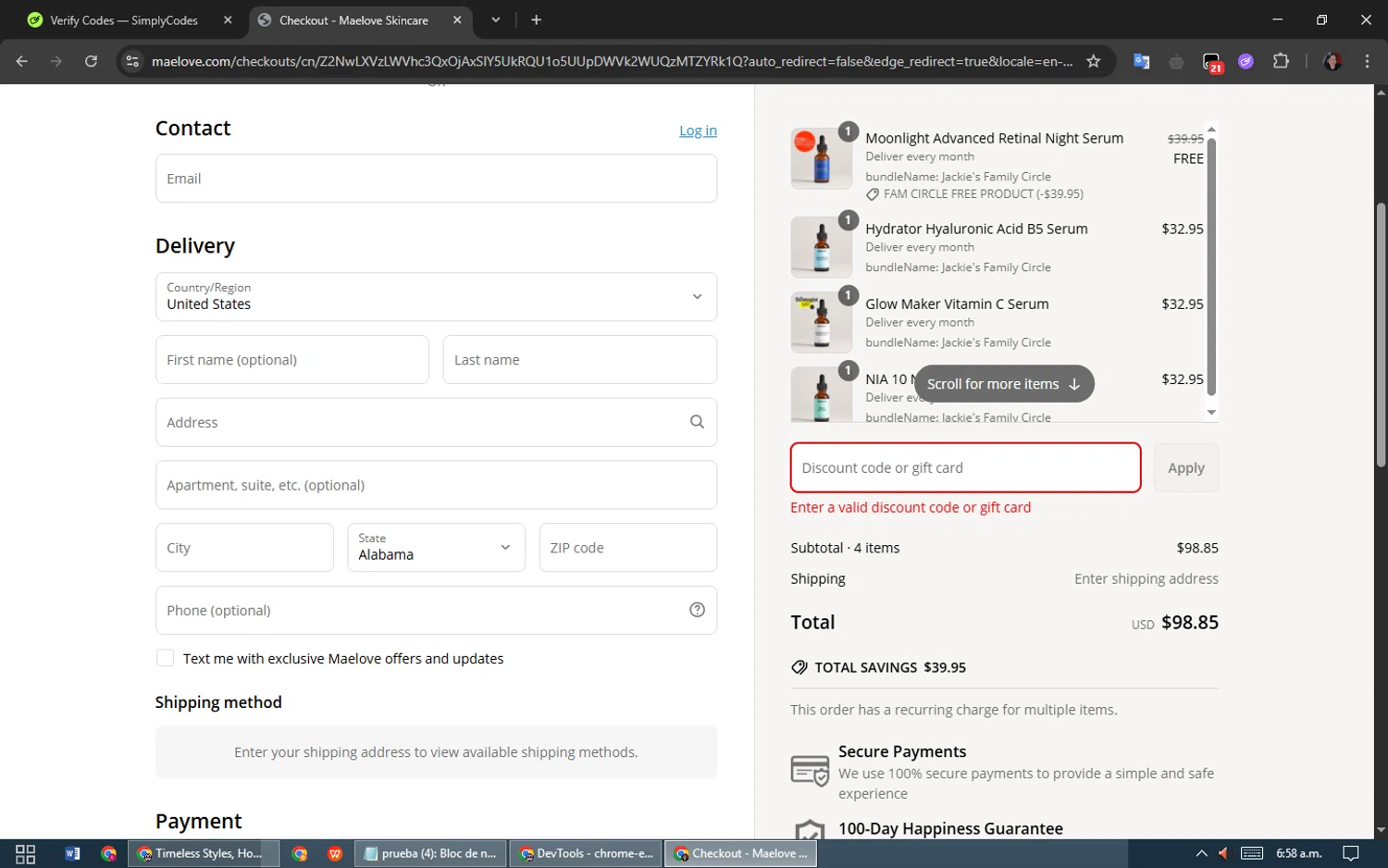Maelove Skincare promo code screenshot showing code M2025 applied at Maelove Skincare checkout page. Uploaded by SimplyCodes community member oooooi on May 15, 2025