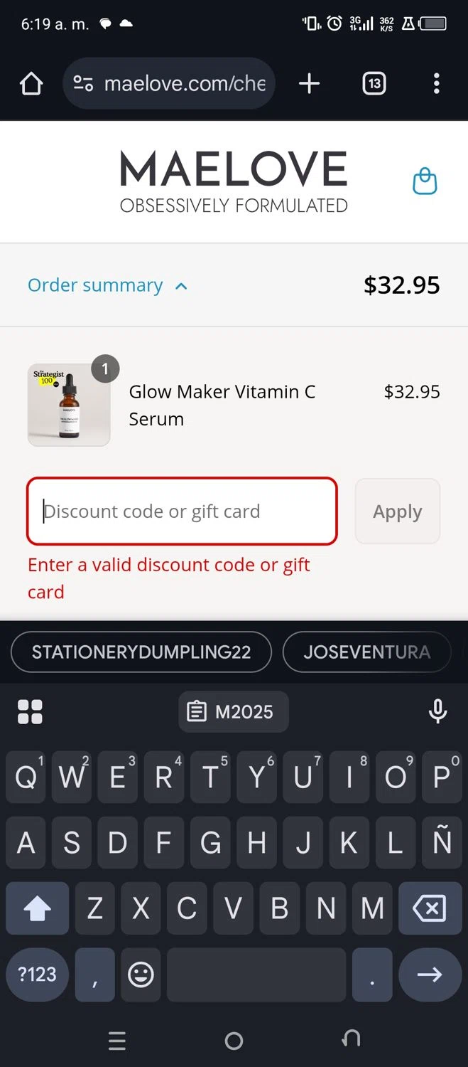 Maelove Skincare promo code screenshot showing code M2025 applied at Maelove Skincare checkout page. Uploaded by SimplyCodes community member salinsanchez on May 15, 2025