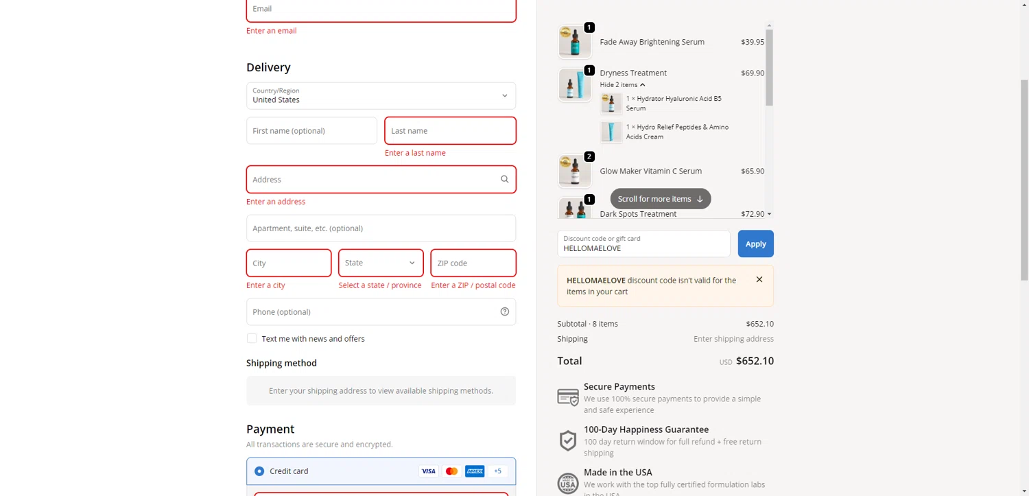 Maelove Skincare promo code screenshot showing code HELLOMAELOVE applied at Maelove Skincare checkout page. Uploaded by SimplyCodes community member NobleMaestro6498 on Nov 20, 2025