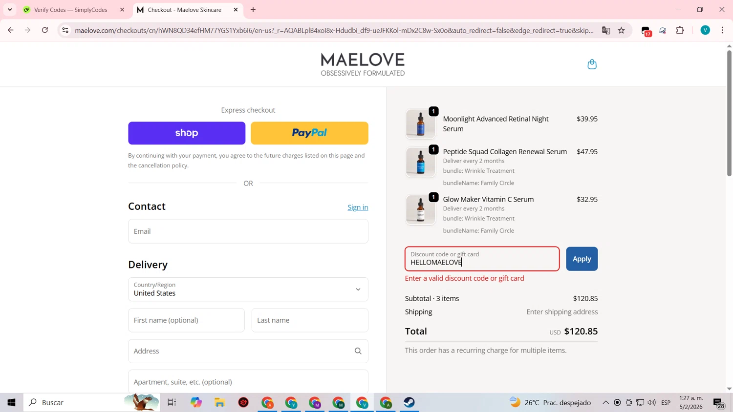 Maelove Skincare promo code screenshot showing code HELLOMAELOVE applied at Maelove Skincare checkout page. Uploaded by SimplyCodes community member lyffytaro on Feb 5, 2026