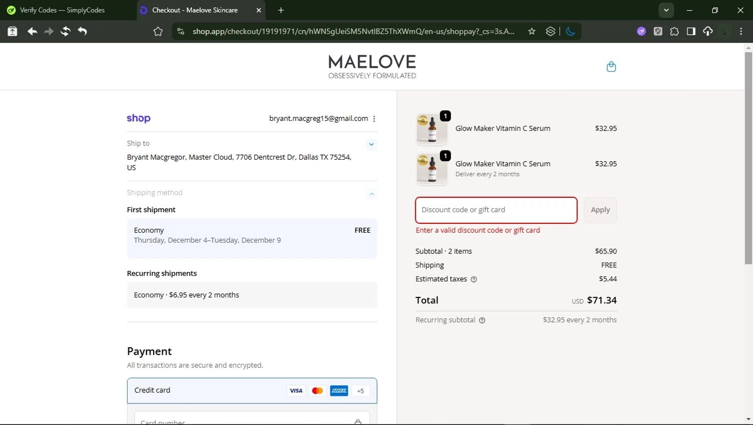 Maelove Skincare promo code screenshot showing code FCWELCOME applied at Maelove Skincare checkout page. Uploaded by SimplyCodes community member RewardMonarch1185 on Nov 25, 2025