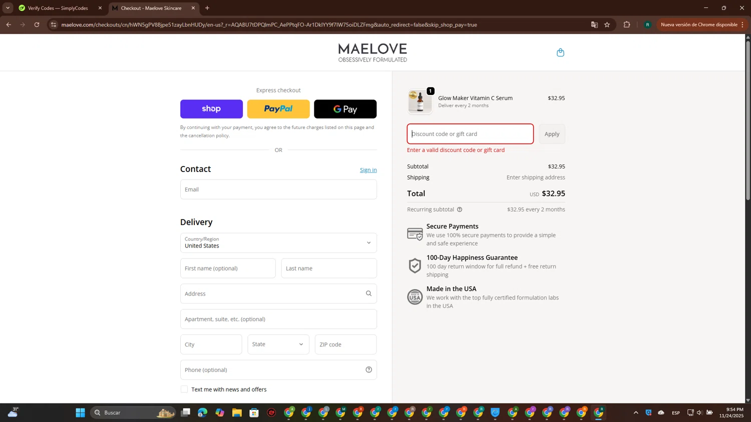 Maelove Skincare promo code screenshot showing code FCWELCOME applied at Maelove Skincare checkout page. Uploaded by SimplyCodes community member ScanPioneer7706 on Nov 25, 2025