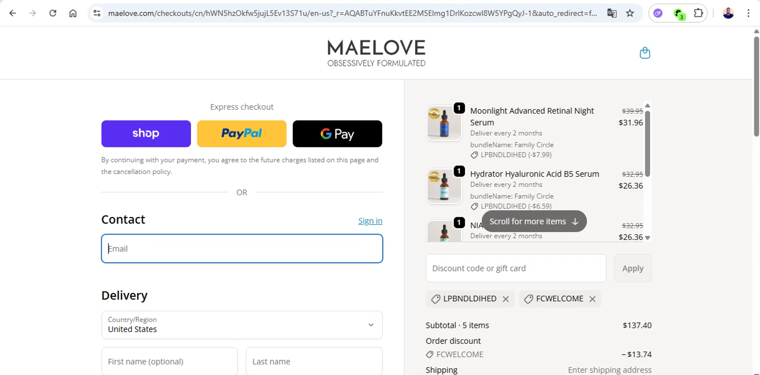 Maelove Skincare promo code screenshot showing code FCWELCOME applied at Maelove Skincare checkout page. Uploaded by SimplyCodes community member joseg151520 on Dec 2, 2025