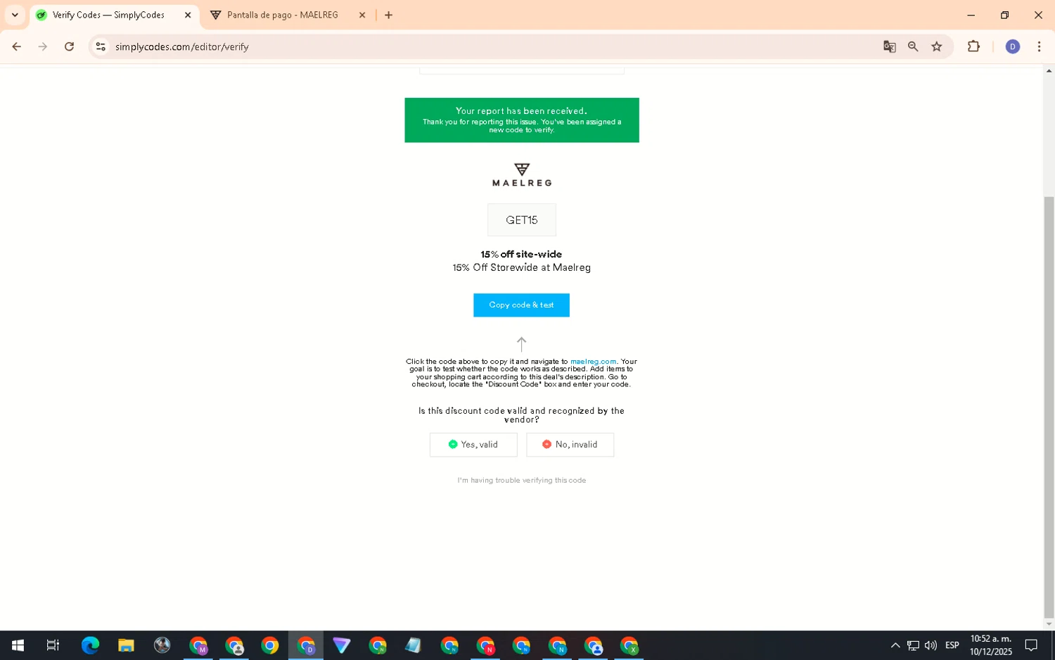 Maelreg discount code screenshot showing code GET15 applied at Maelreg checkout page. Uploaded by SimplyCodes community member PennyCurator6489 on Dec 10, 2025