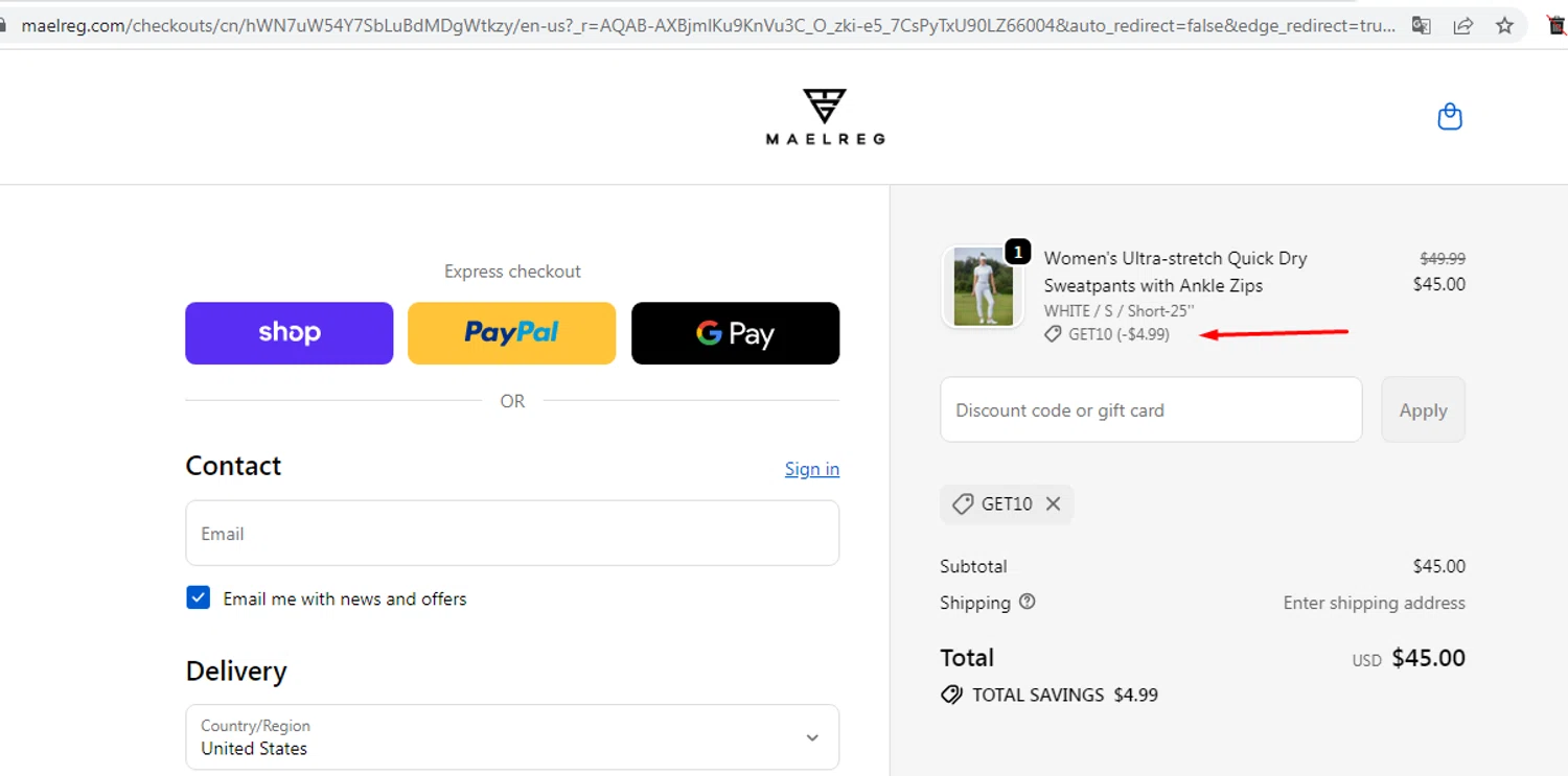 Maelreg discount code screenshot showing code GET10 applied at Maelreg checkout page. Uploaded by SimplyCodes community member EMILIANOMASABE on Jan 22, 2026