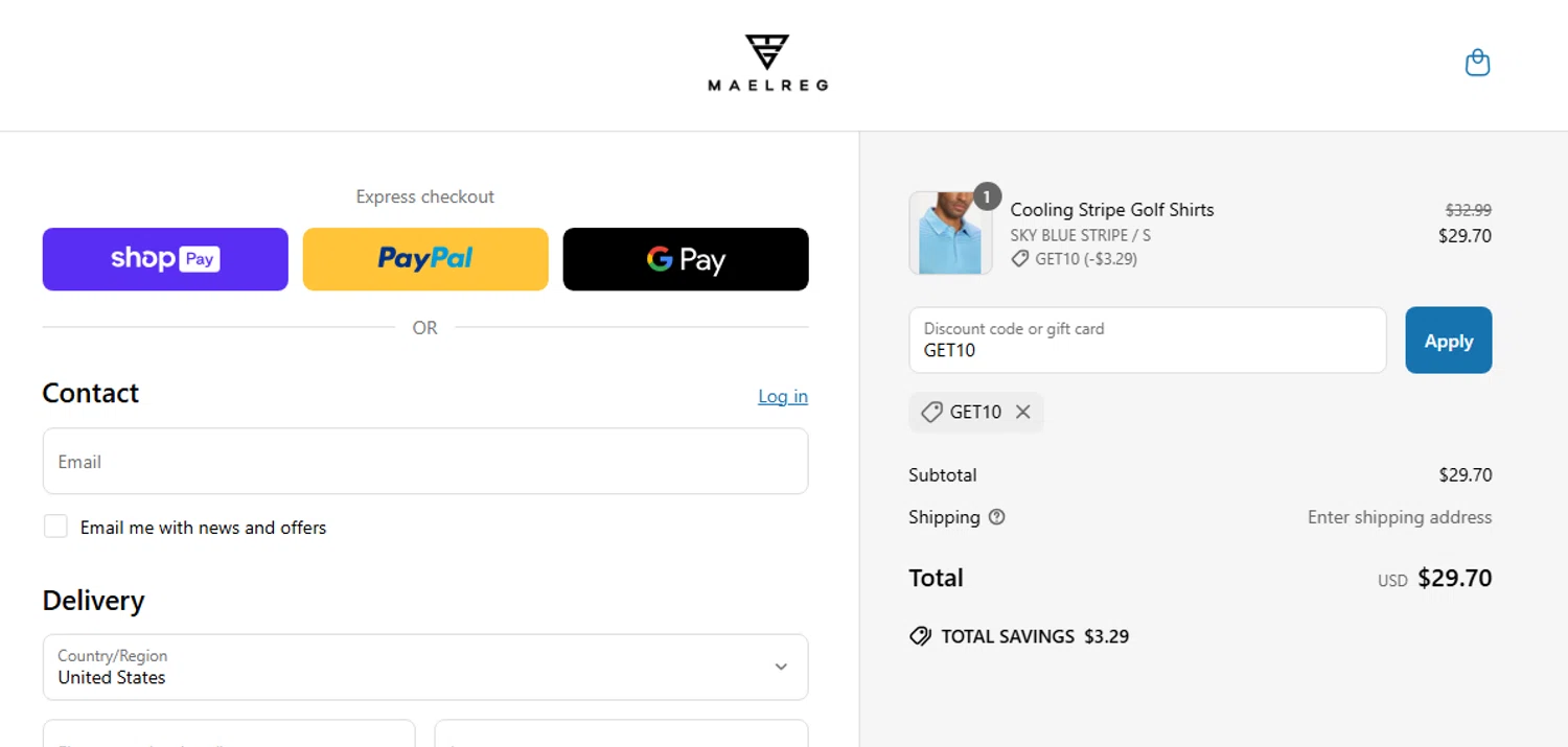 Maelreg discount code screenshot showing code GET10 applied at Maelreg checkout page. Uploaded by SimplyCodes community member Jhonny on May 9, 2025