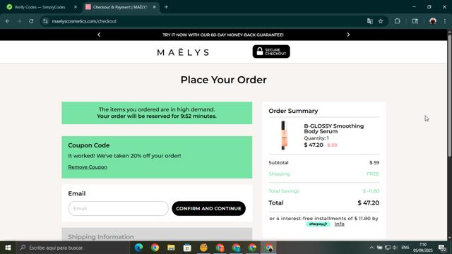 MAELYS checkout page showing MAELYS coupon code box | Screenshot taken by SimplyCodes community member on Sep 5, 2025