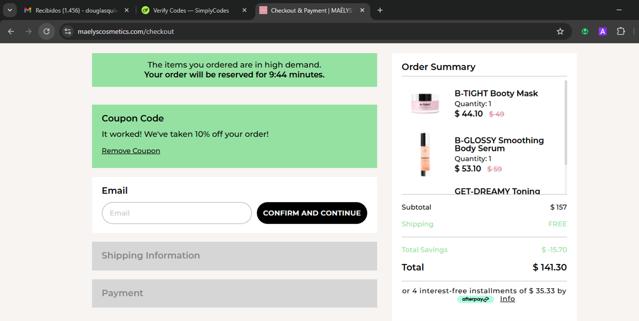 MAELYS checkout page showing MAELYS coupon code box | Screenshot taken by SimplyCodes community member on Sep 9, 2025