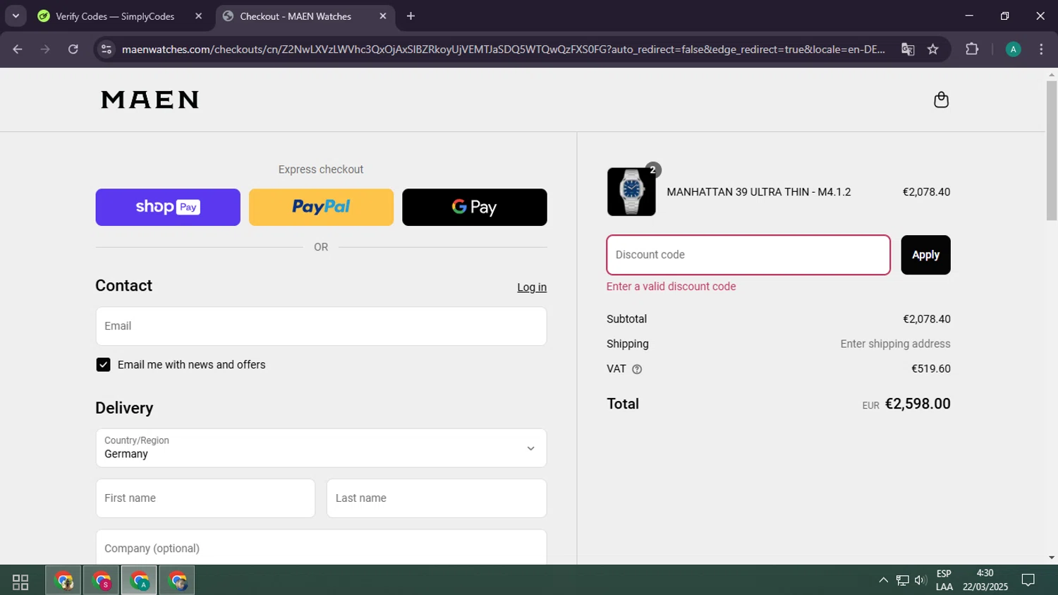 MAEN Watches discount code screenshot showing code SPRING15 applied at MAEN Watches checkout page. Uploaded by SimplyCodes community member CarlOz on Mar 22, 2025