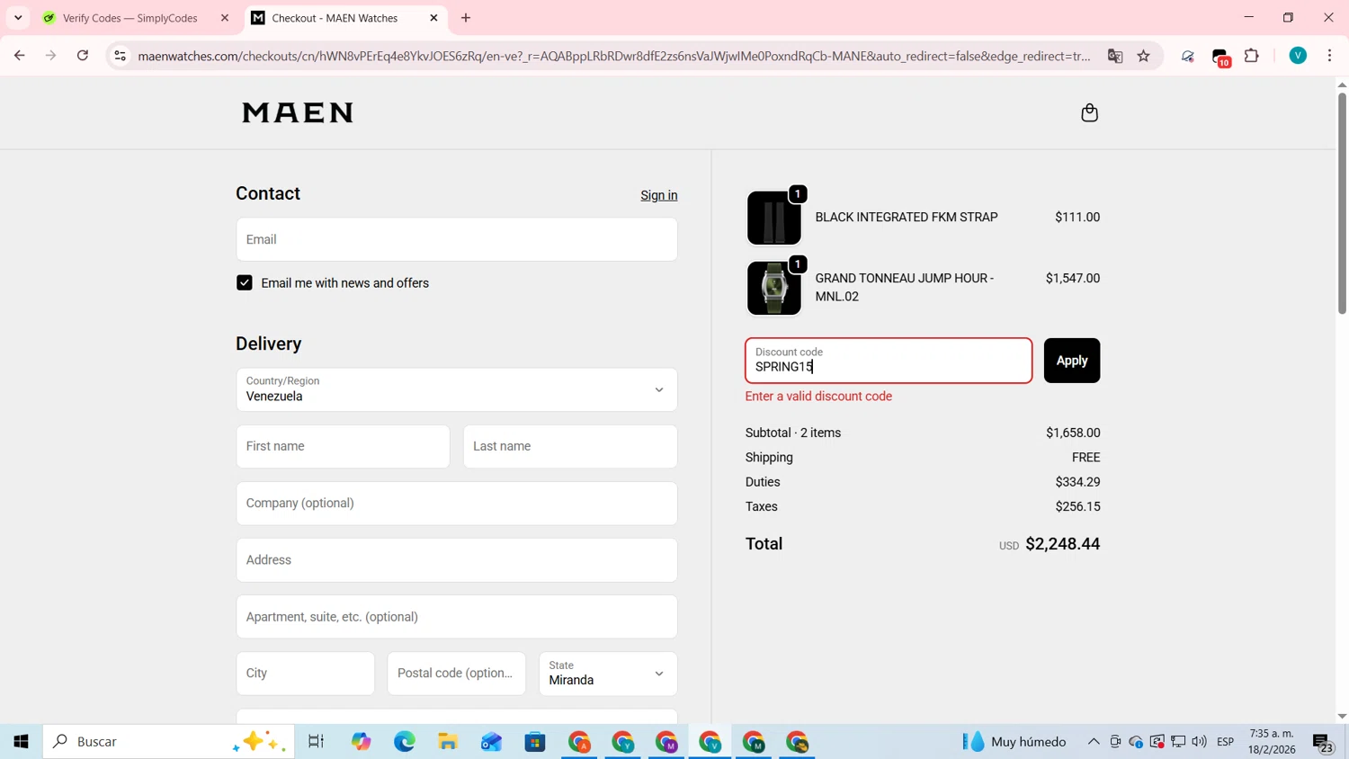 MAEN Watches discount code screenshot showing code SPRING15 applied at MAEN Watches checkout page. Uploaded by SimplyCodes community member lyffytaro on Feb 18, 2026
