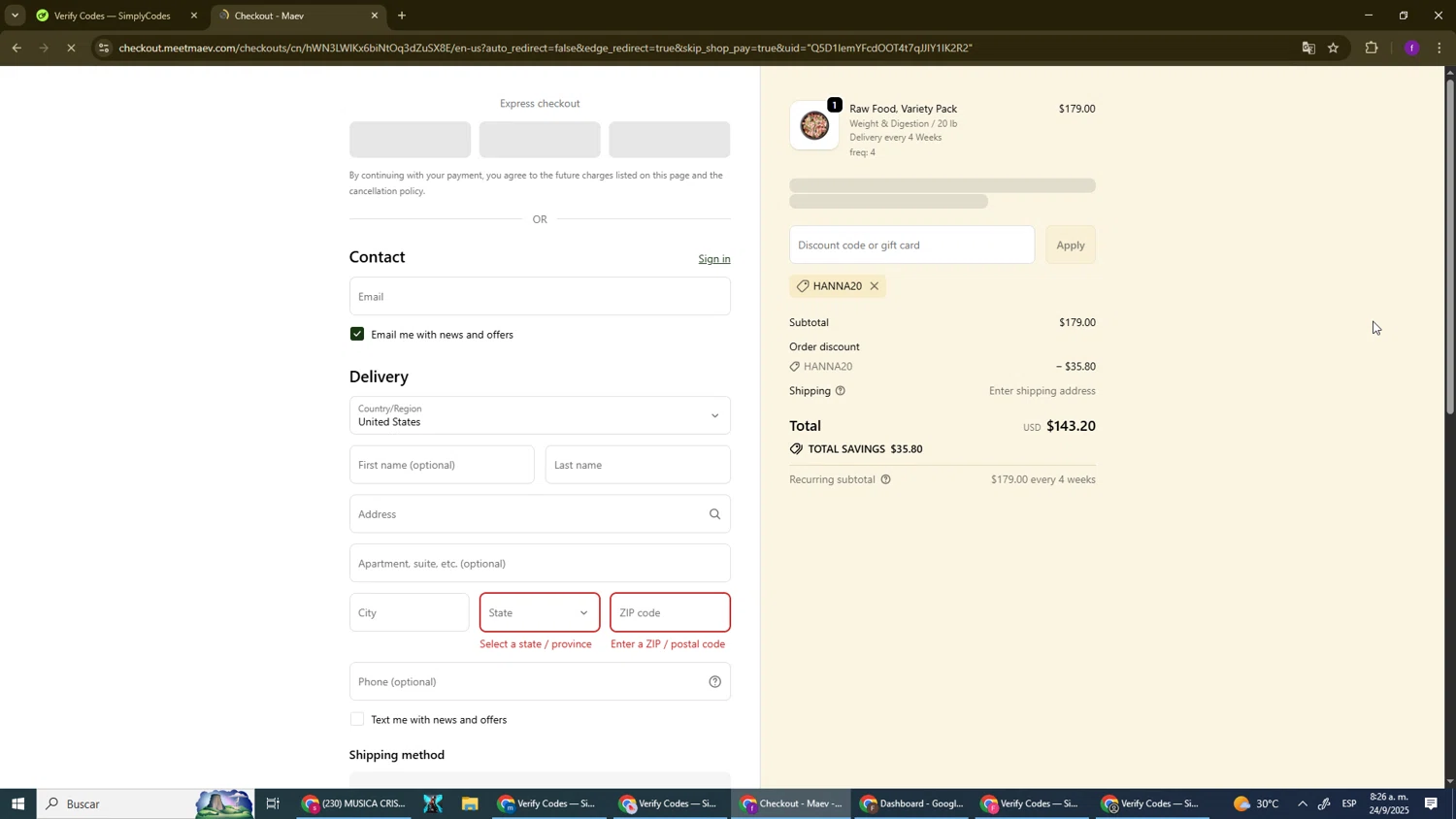 Maev discount code screenshot showing code HANNA20 applied at Maev checkout page. Uploaded by SimplyCodes community member El_mynor on Sep 24, 2025