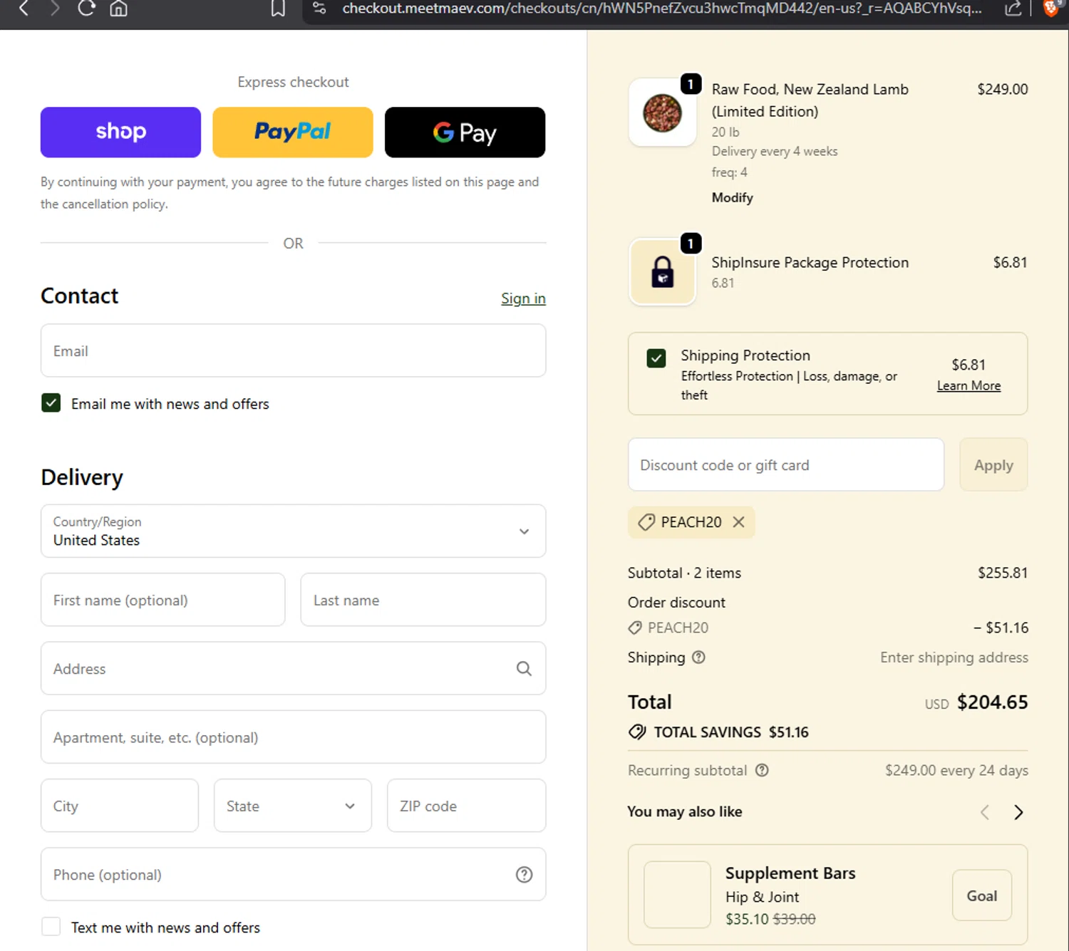 Maev discount code screenshot showing code PEACH20 applied at Maev checkout page. Uploaded by SimplyCodes community member Jmhernand1 on Nov 18, 2025
