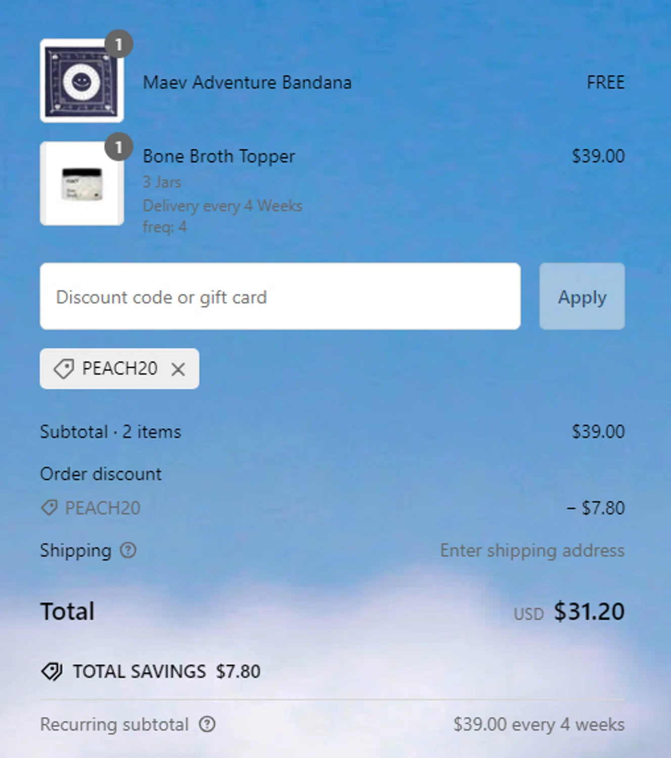 Maev discount code screenshot showing code PEACH20 applied at Maev checkout page. Uploaded by SimplyCodes community member THEWHITEDEATH on Jan 30, 2025