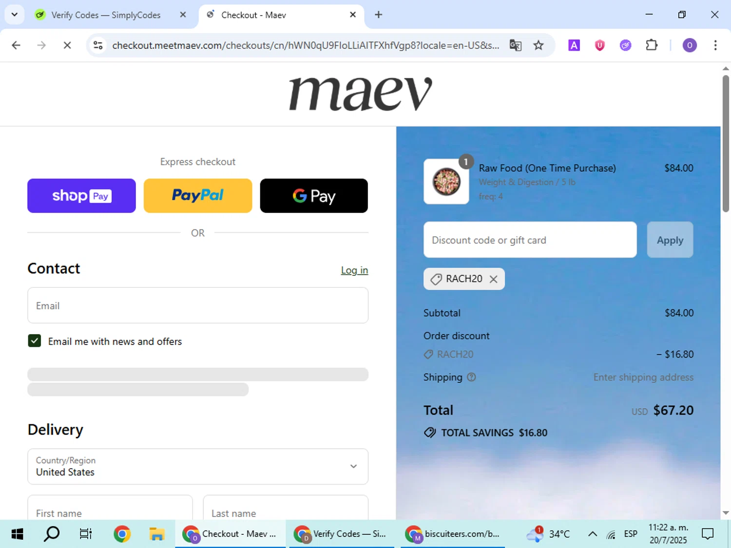 Maev discount code screenshot showing code RACH20 applied at Maev checkout page. Uploaded by SimplyCodes community member BudgetHawk9503 on Jul 20, 2025