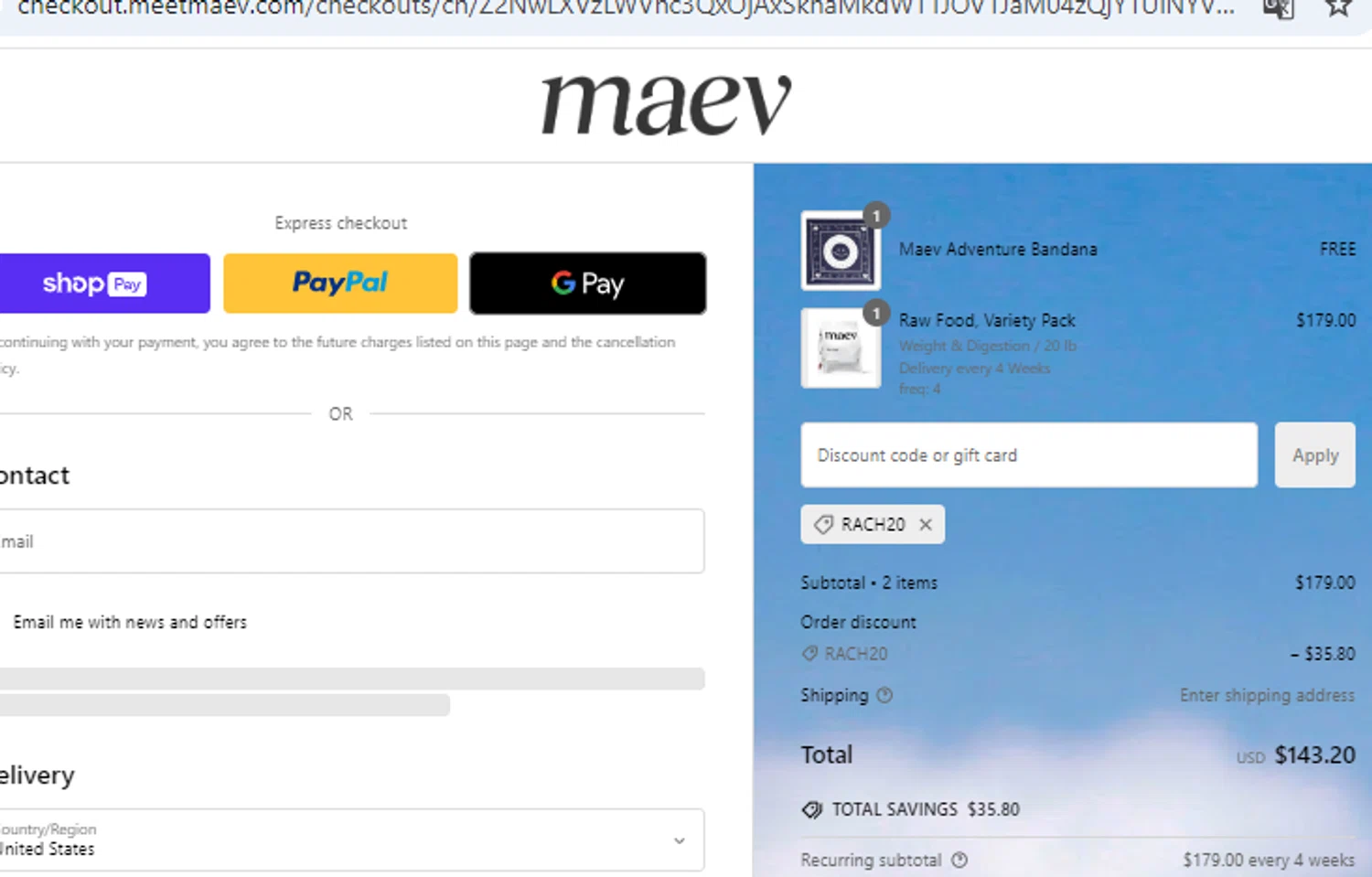 Maev discount code screenshot showing code RACH20 applied at Maev checkout page. Uploaded by SimplyCodes community member PennyOwl2559 on Jan 19, 2025