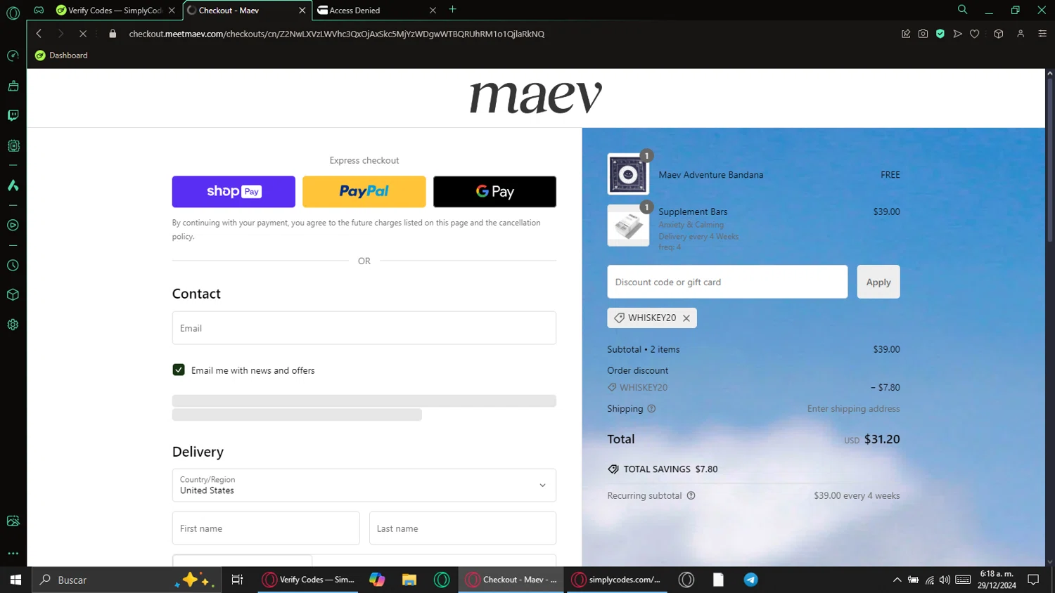 Maev discount code screenshot showing code WHISKEY20 applied at Maev checkout page. Uploaded by SimplyCodes community member Code_339264826 on Dec 29, 2024