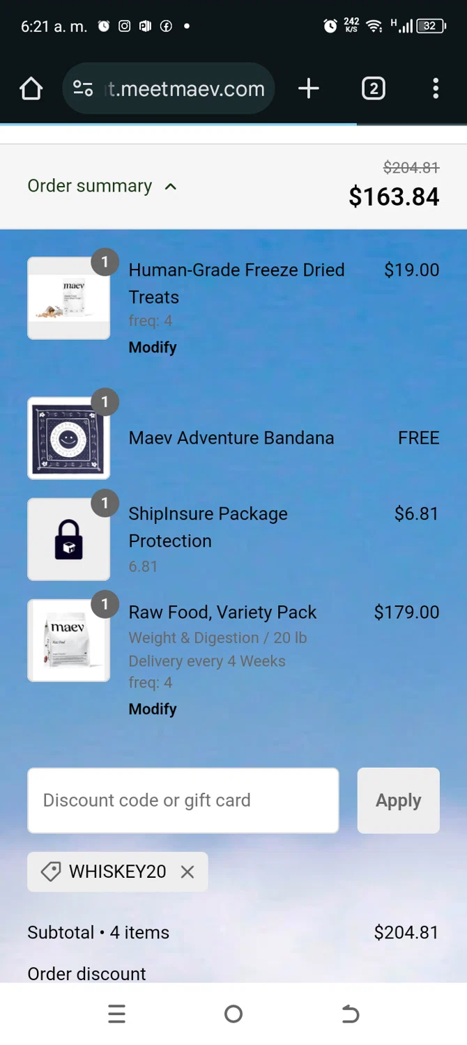 Maev discount code screenshot showing code WHISKEY20 applied at Maev checkout page. Uploaded by SimplyCodes community member TokenAce5969 on Jan 27, 2025