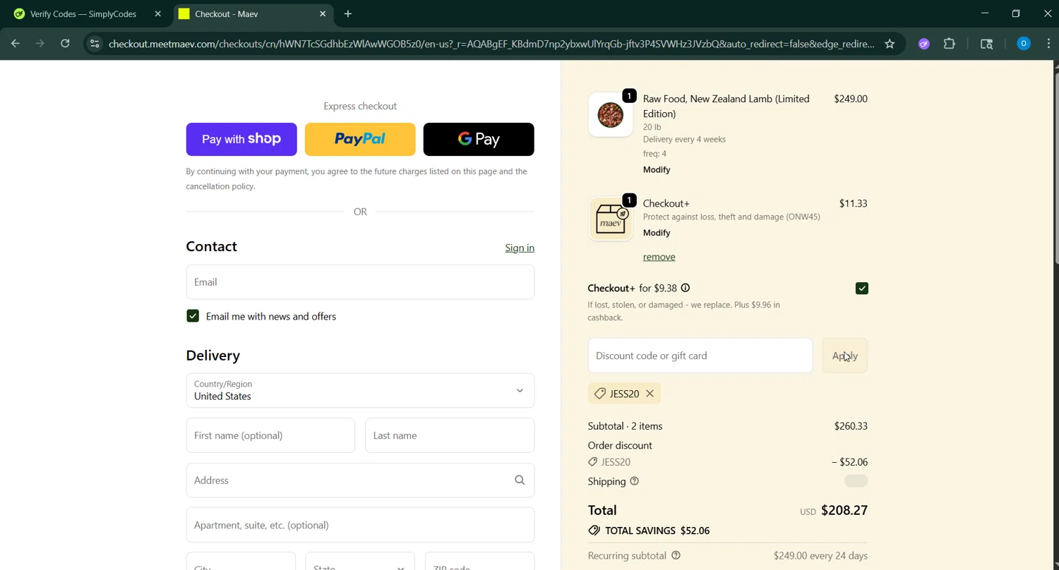 Maev promo code screenshot showing code JESS20 applied at Maev checkout page. Uploaded by SimplyCodes community member _____________ on Jan 11, 2026