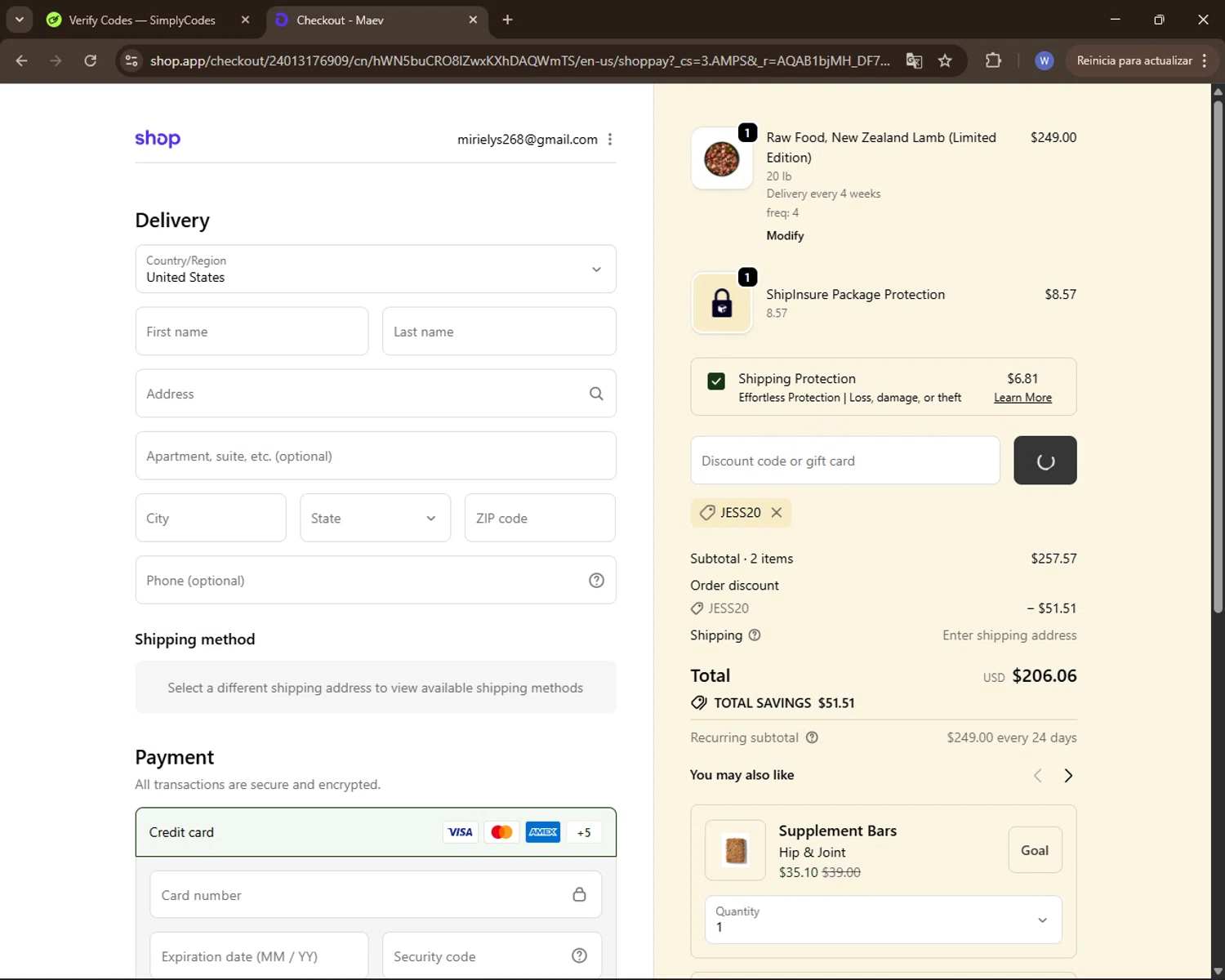 Maev discount code screenshot showing code JESS20 applied at Maev checkout page. Uploaded by SimplyCodes community member VoucherElite7352 on Nov 23, 2025