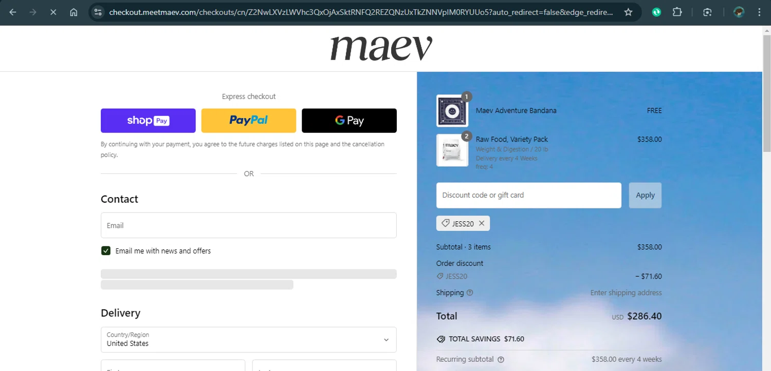 Maev discount code screenshot showing code JESS20 applied at Maev checkout page. Uploaded by SimplyCodes community member xAngel on Feb 10, 2025
