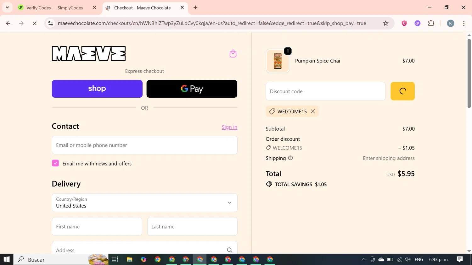 Maeve Chocolate promo code screenshot showing code WELCOME15 applied at Maeve Chocolate checkout page. Uploaded by SimplyCodes community member SavingsBoss9912 on Oct 3, 2025