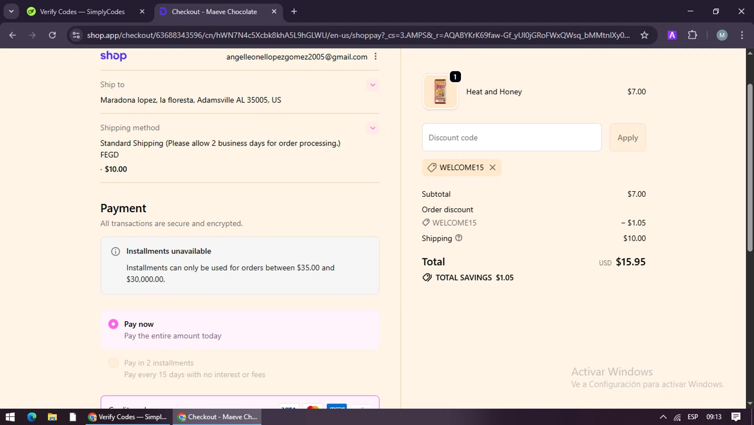 Maeve Chocolate promo code screenshot showing code WELCOME15 applied at Maeve Chocolate checkout page. Uploaded by SimplyCodes community member maraxo on Jan 8, 2026