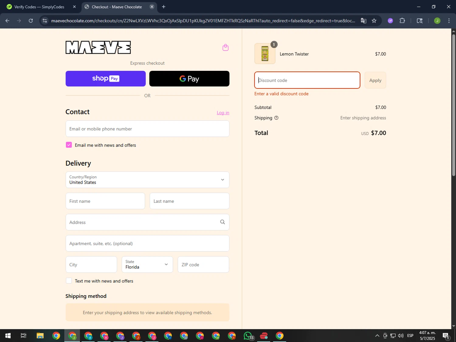Maeve Chocolate promo code screenshot showing code MAEVE15 applied at Maeve Chocolate checkout page. Uploaded by SimplyCodes community member MightyFinder1041 on Jul 5, 2025