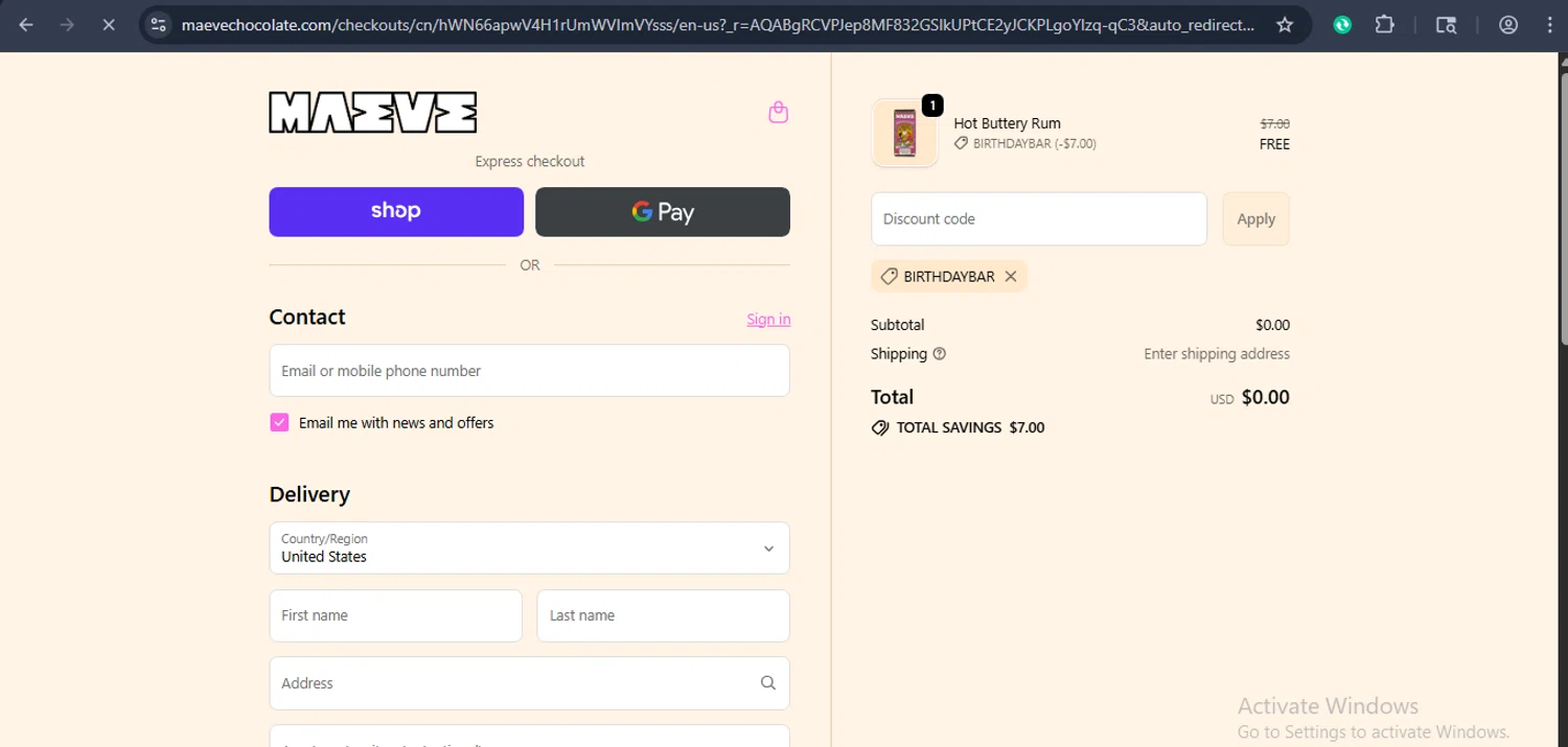 Maeve Chocolate promo code screenshot showing code BIRTHDAYBAR applied at Maeve Chocolate checkout page. Uploaded by SimplyCodes community member xaswqe on Dec 6, 2025