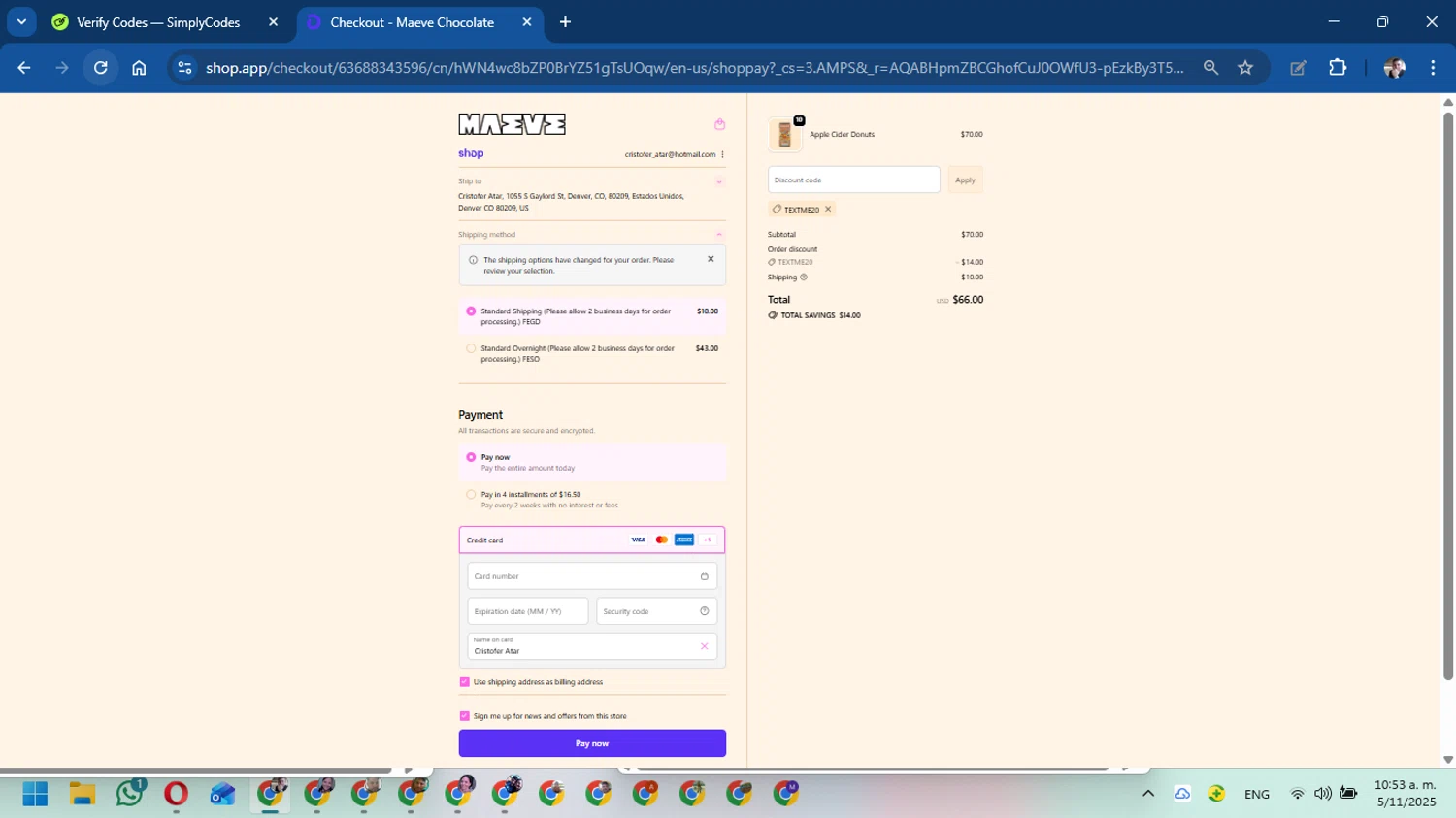 Maeve Chocolate promo code screenshot showing code TEXTME20 applied at Maeve Chocolate checkout page. Uploaded by SimplyCodes community member DavidMGF on Nov 5, 2025