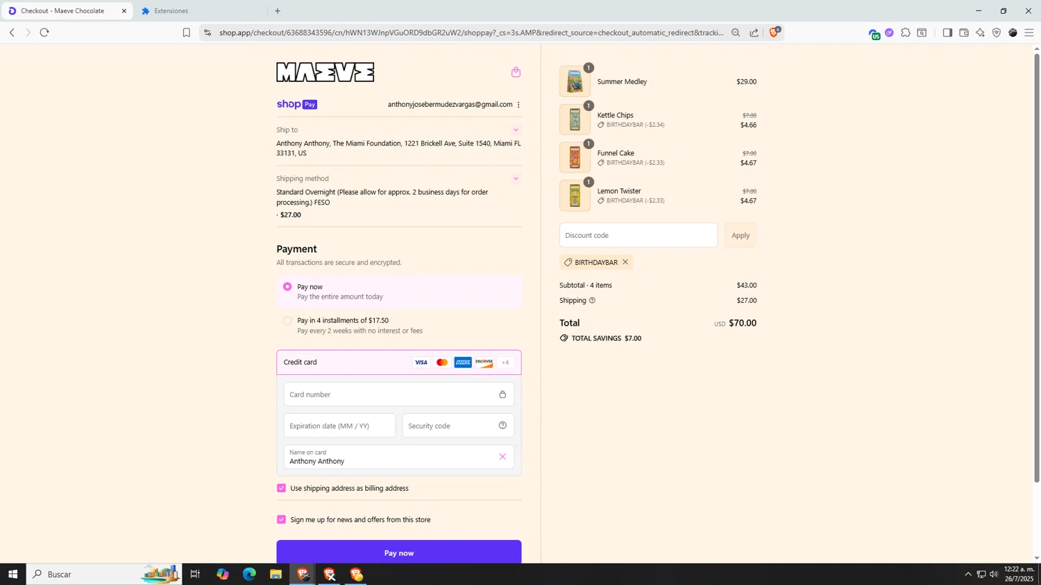 Maeve Chocolate promo code screenshot showing code BIRTHDAYBAR applied at Maeve Chocolate checkout page. Uploaded by SimplyCodes community member AnthonyGTX on Jul 26, 2025