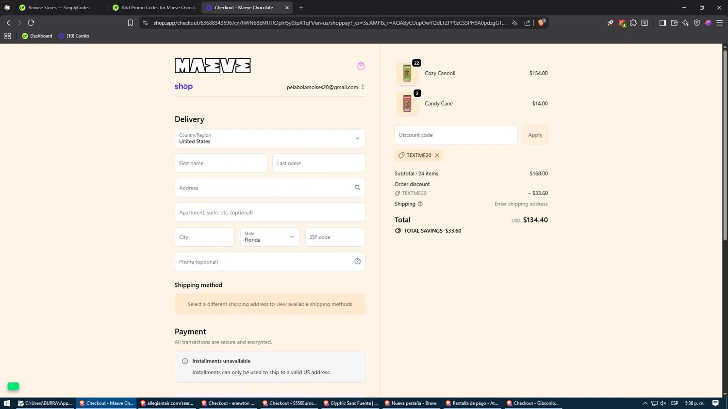 Maeve Chocolate promo code screenshot showing code TEXTME20 applied at Maeve Chocolate checkout page. Uploaded by SimplyCodes community member NARUTO_UZUMAKIsx on Dec 6, 2025