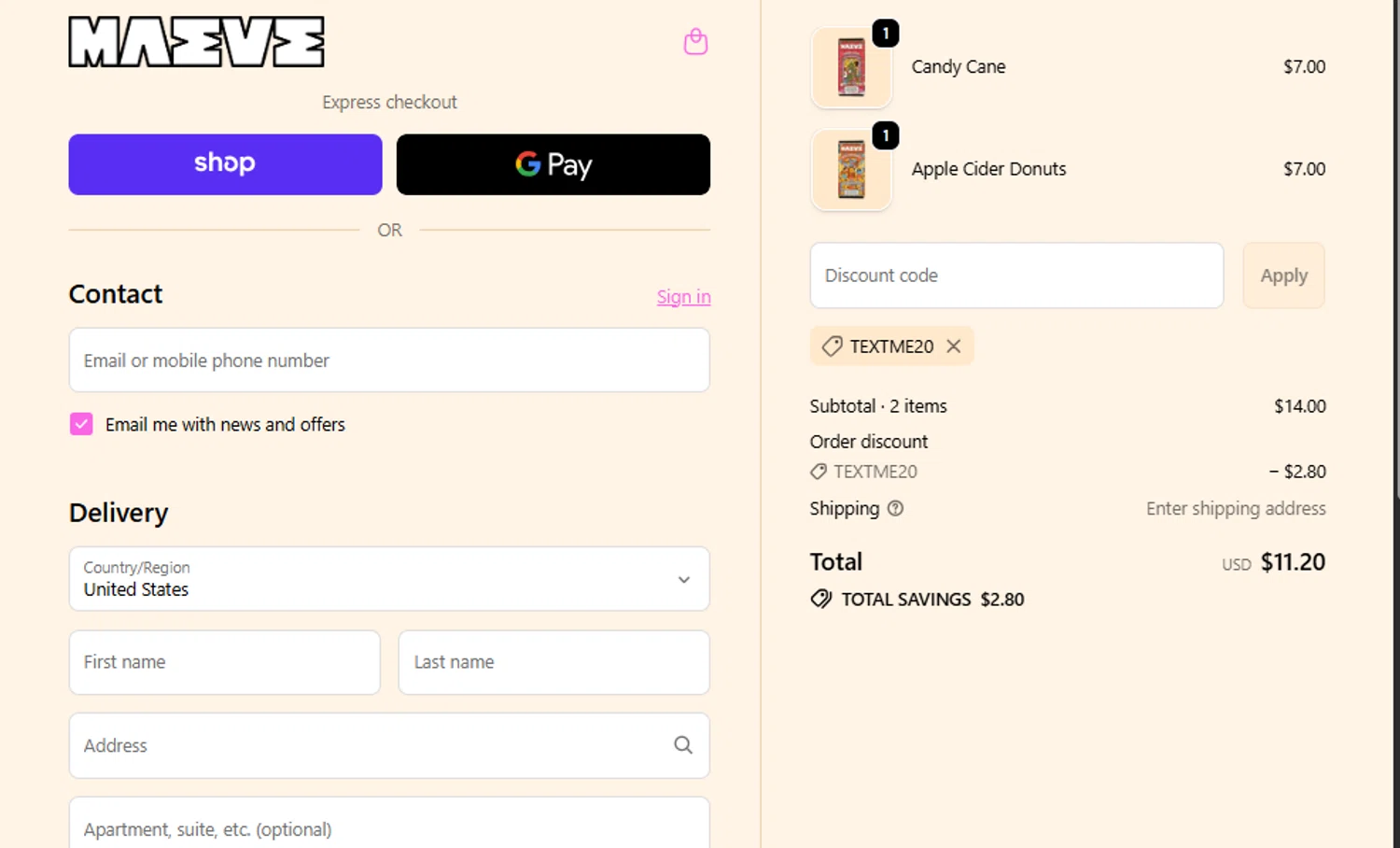 Maeve Chocolate promo code screenshot showing code TEXTME20 applied at Maeve Chocolate checkout page. Uploaded by SimplyCodes community member ashe1986 on Nov 5, 2025
