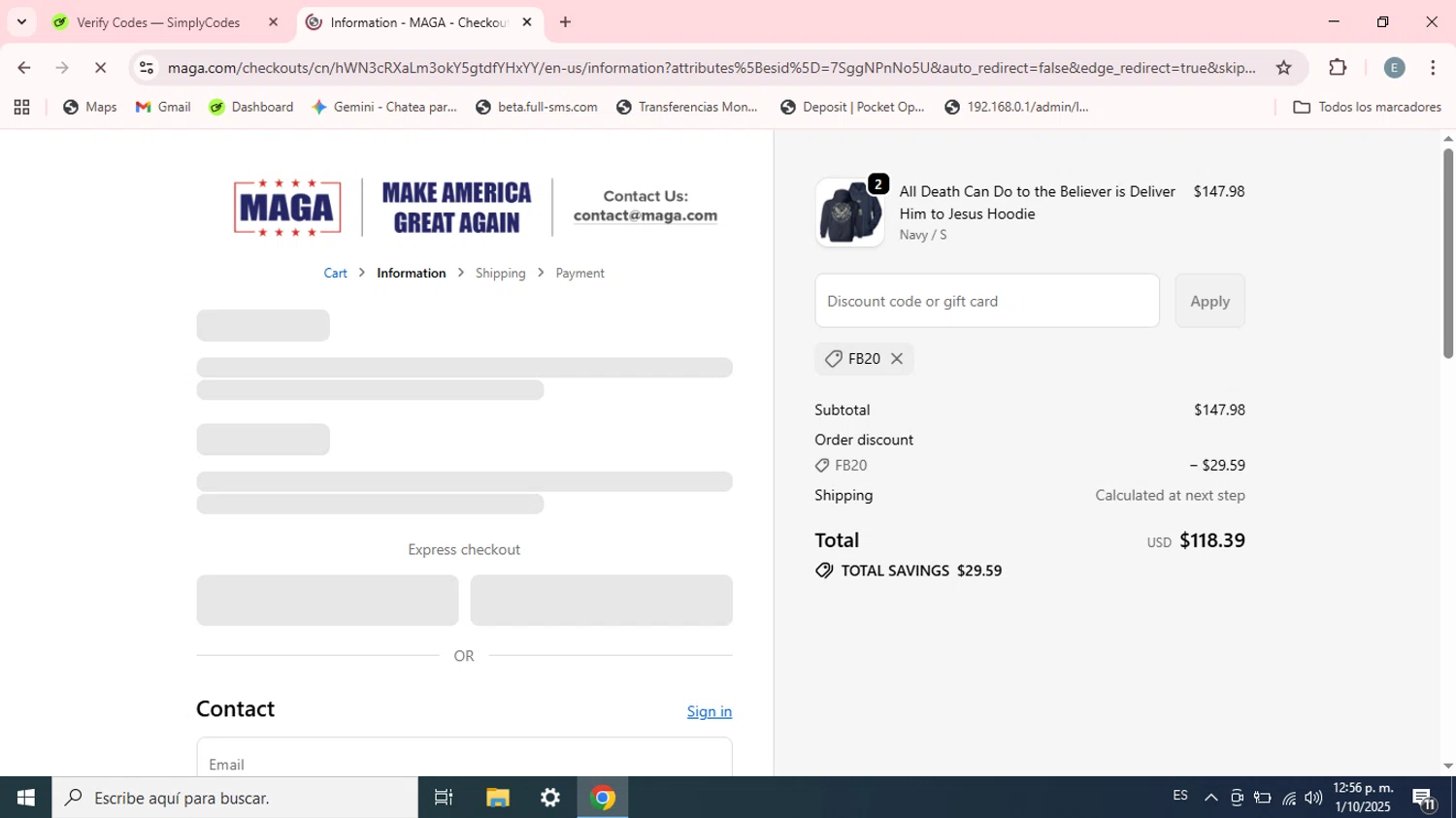 MAGA coupon code screenshot showing code FB20 applied at MAGA checkout page. Uploaded by SimplyCodes community member Esteban on Oct 1, 2025