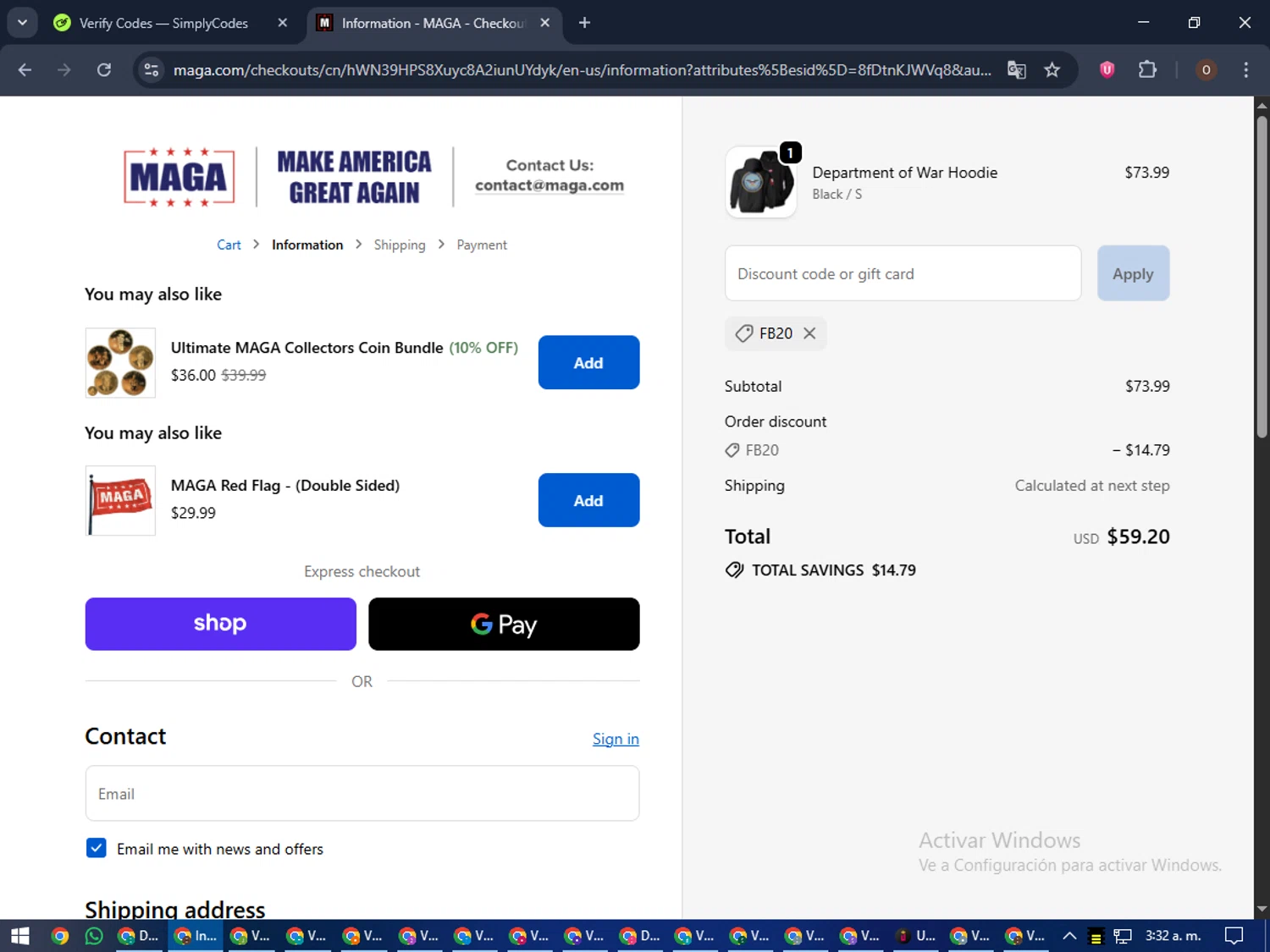 MAGA coupon code screenshot showing code FB20 applied at MAGA checkout page. Uploaded by SimplyCodes community member Legendar on Sep 19, 2025