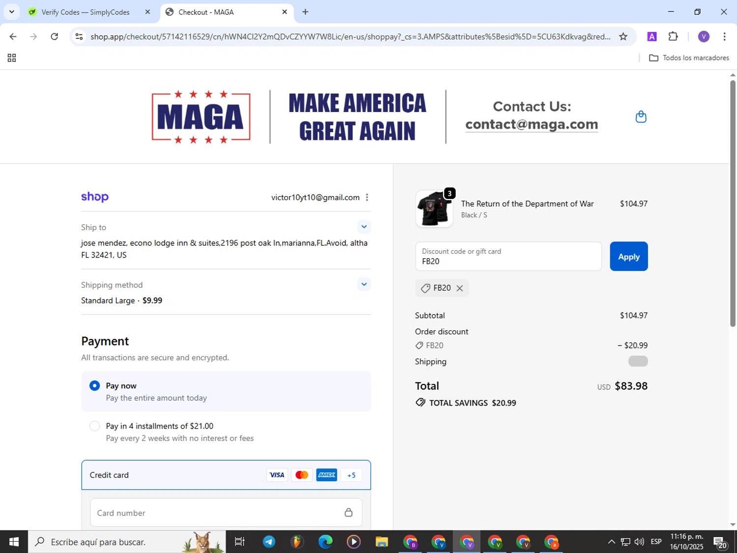 MAGA coupon code screenshot showing code FB20 applied at MAGA checkout page. Uploaded by SimplyCodes community member Satoru_gojo on Oct 17, 2025