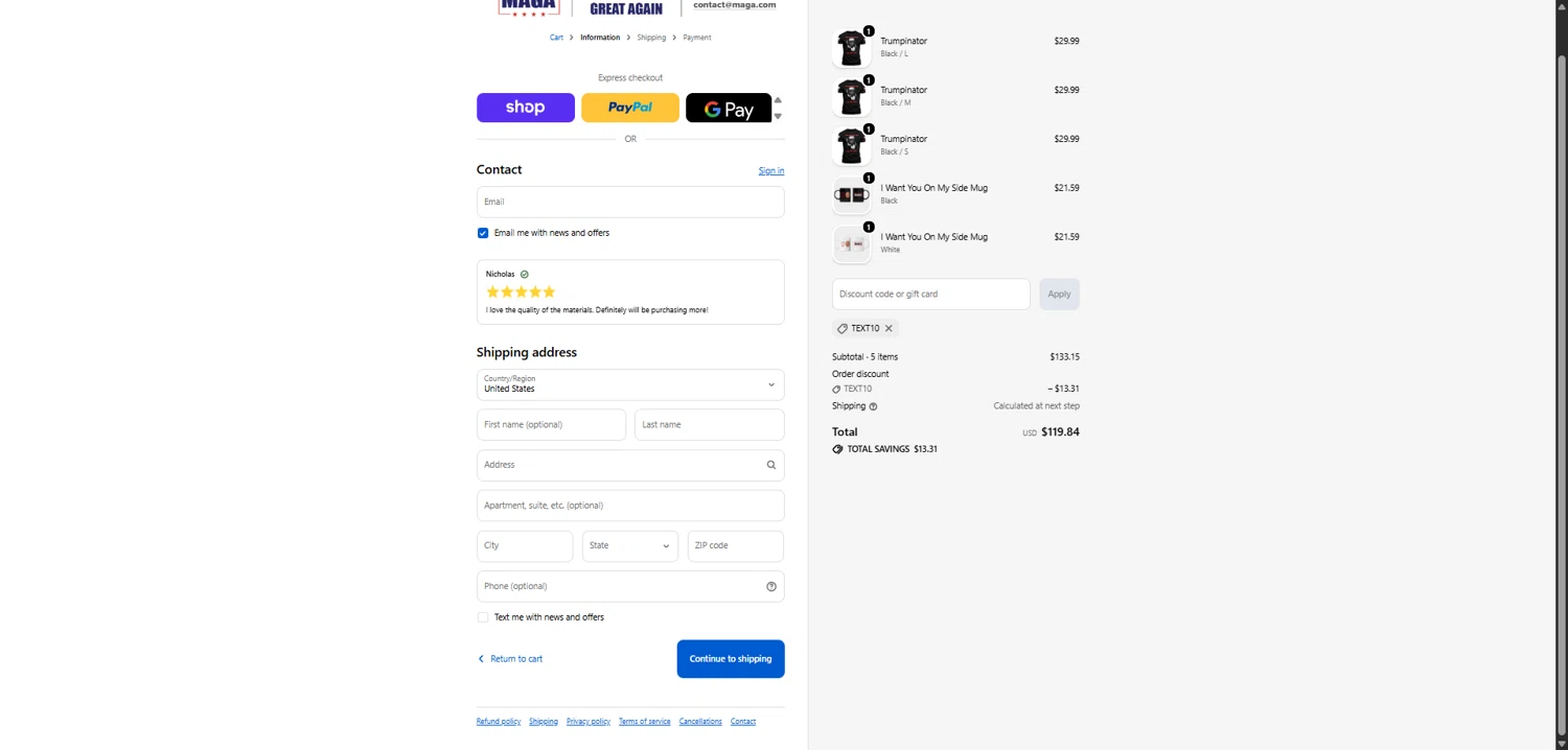 MAGA checkout page showing MAGA coupon code box | Screenshot taken by SimplyCodes community member on Feb 7, 2026