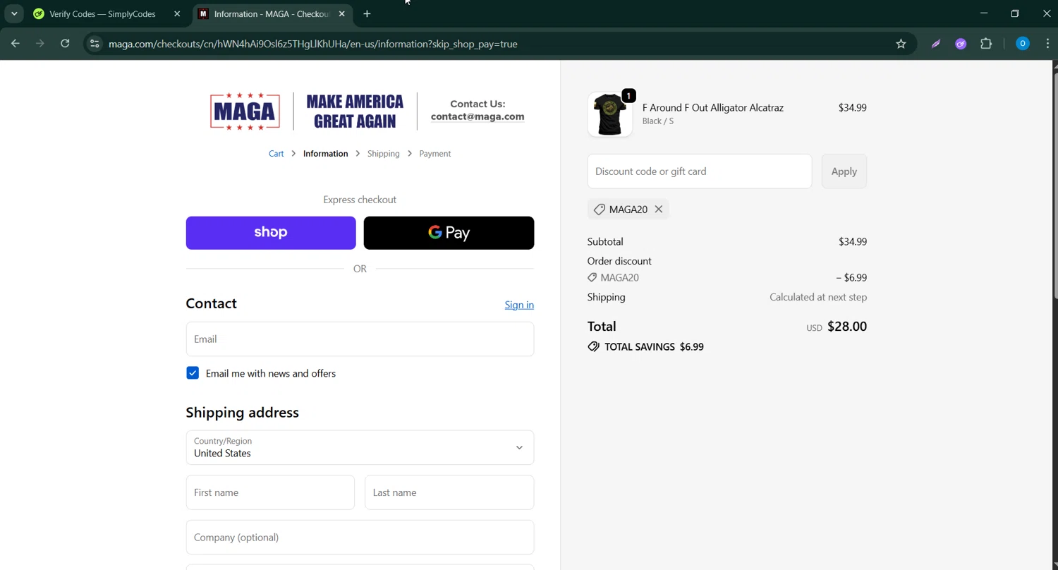 MAGA coupon code screenshot showing code MAGA20 applied at MAGA checkout page. Uploaded by SimplyCodes community member CodeScholar4340 on Oct 30, 2025