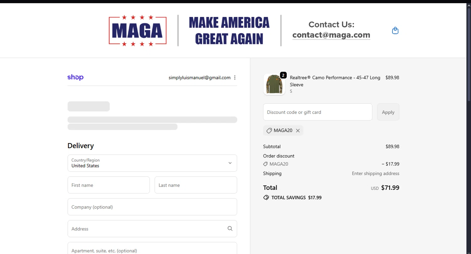 MAGA coupon code screenshot showing code MAGA20 applied at MAGA checkout page. Uploaded by SimplyCodes community member MoneyScout2554 on Nov 22, 2025