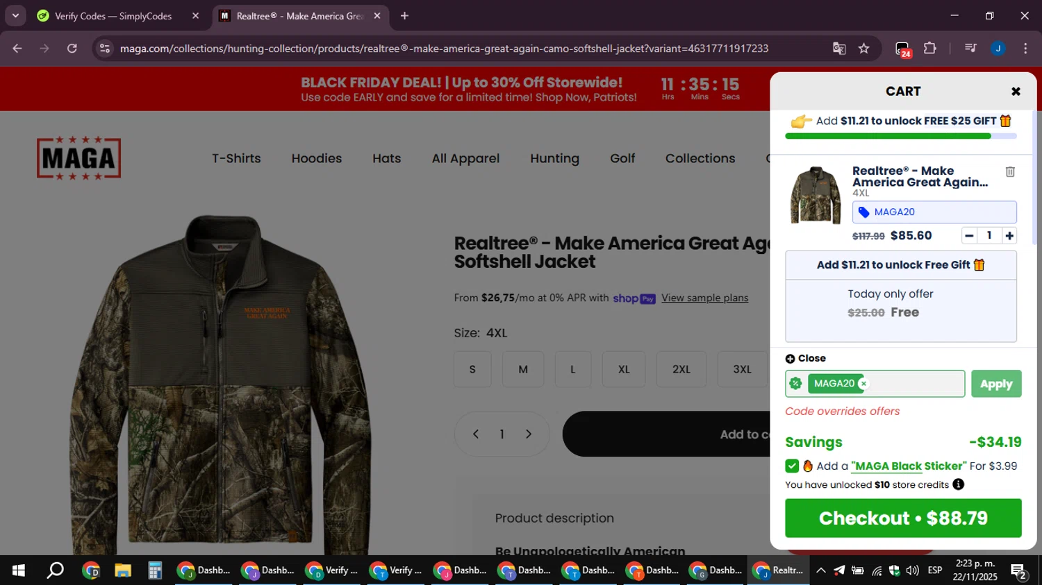 MAGA coupon code screenshot showing code MAGA20 applied at MAGA checkout page. Uploaded by SimplyCodes community member noesmith34ur on Nov 22, 2025