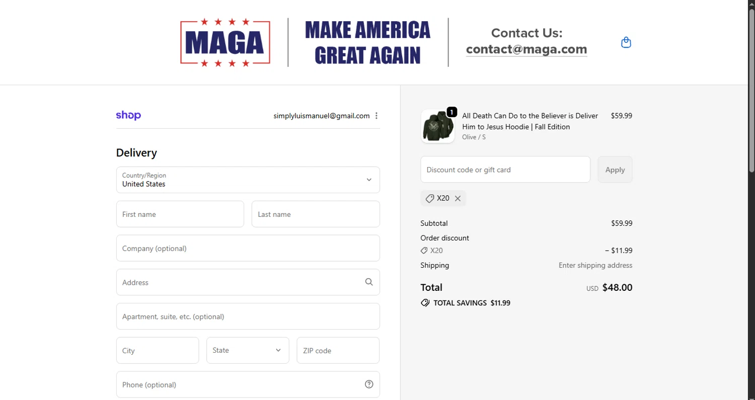 MAGA coupon code screenshot showing code X20 applied at MAGA checkout page. Uploaded by SimplyCodes community member CouponHero3179 on Oct 17, 2025