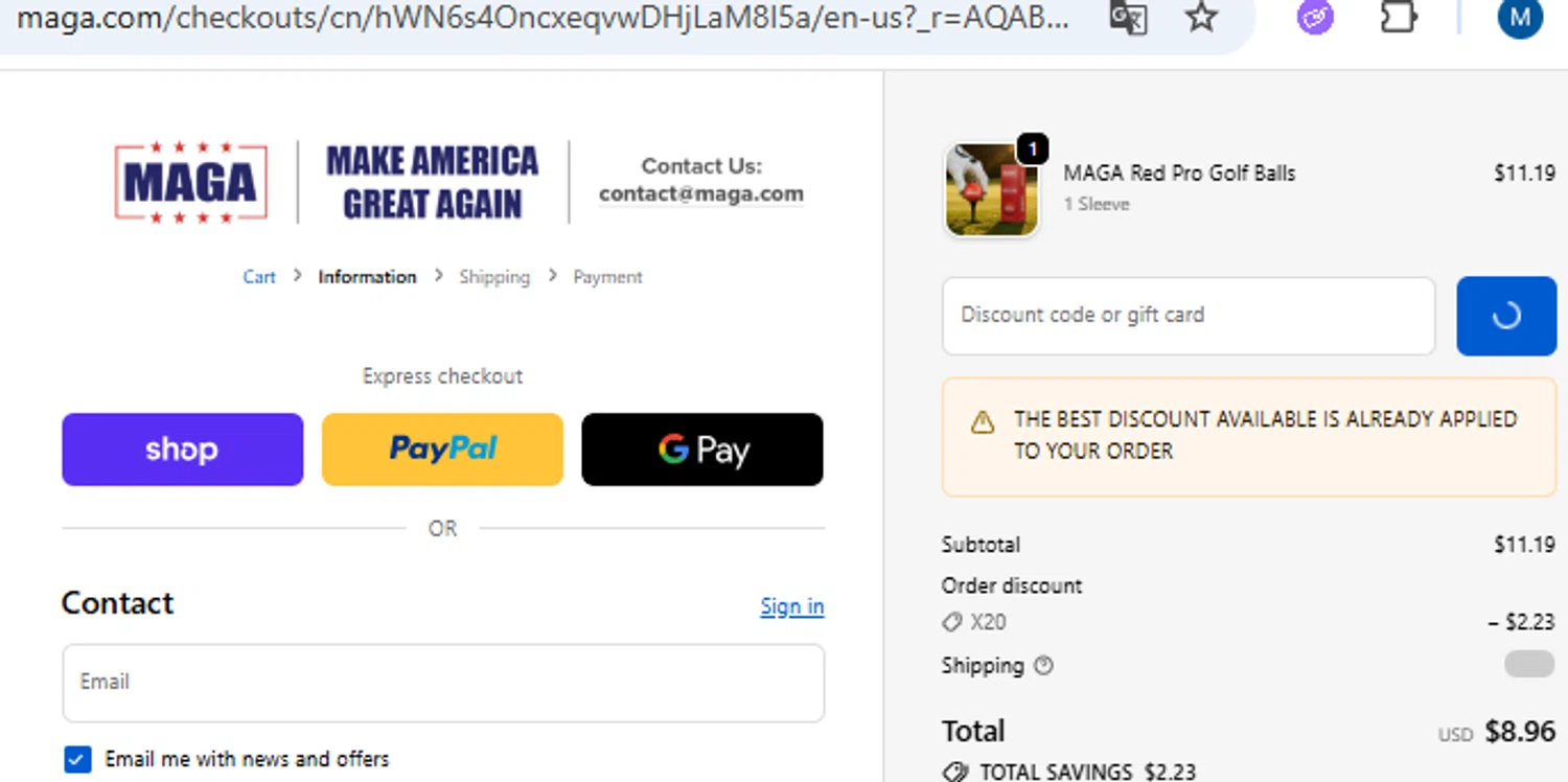 MAGA coupon code screenshot showing code X20 applied at MAGA checkout page. Uploaded by SimplyCodes community member PennyOwl2559 on Dec 26, 2025